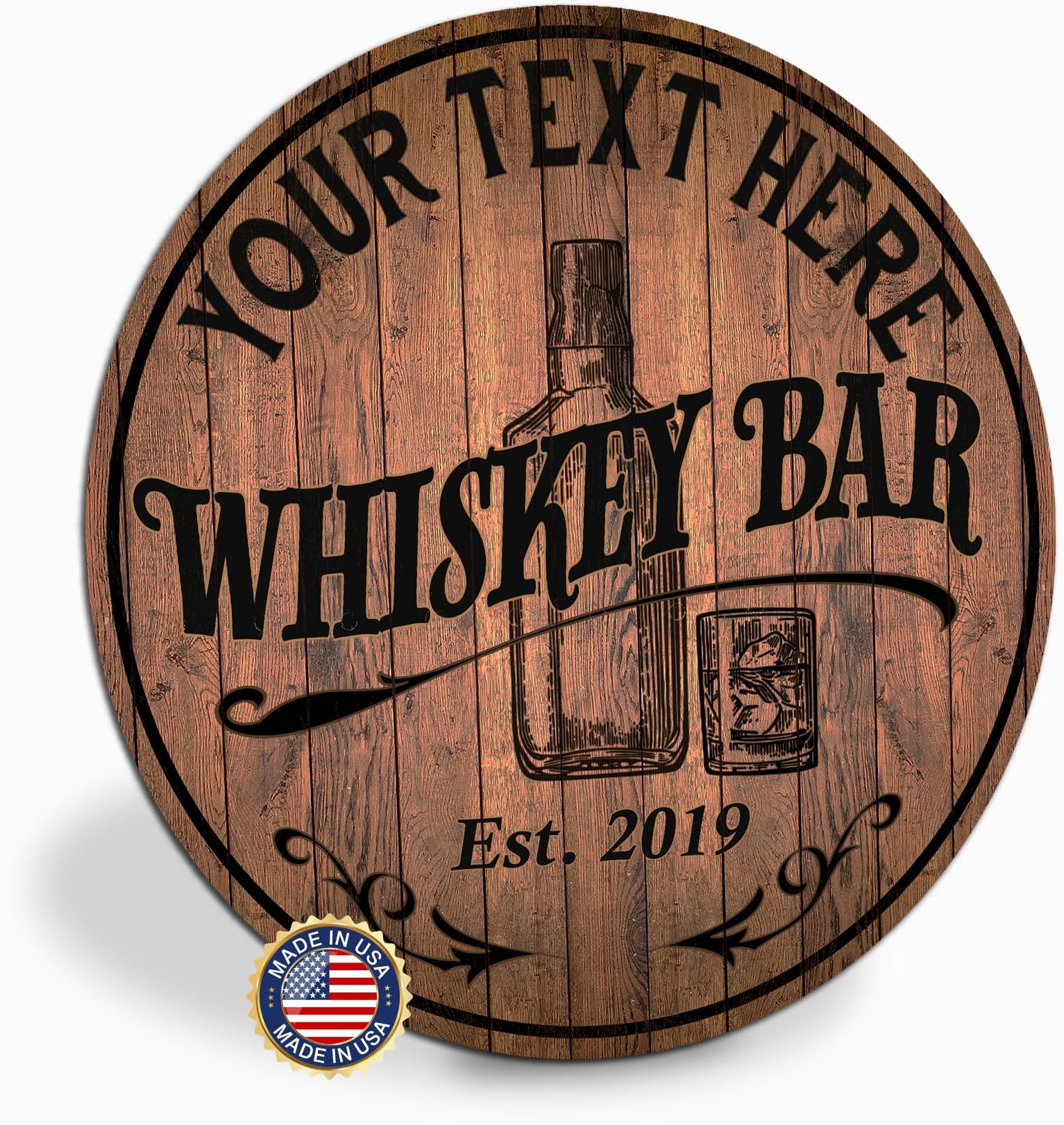 Personalized Whiskey Bar Sign, Custom Round Metal Sign Bourbon Bar, Rustic Wood Look Accessories Bar Decor Gift Made in USA, Chico Creek Signs