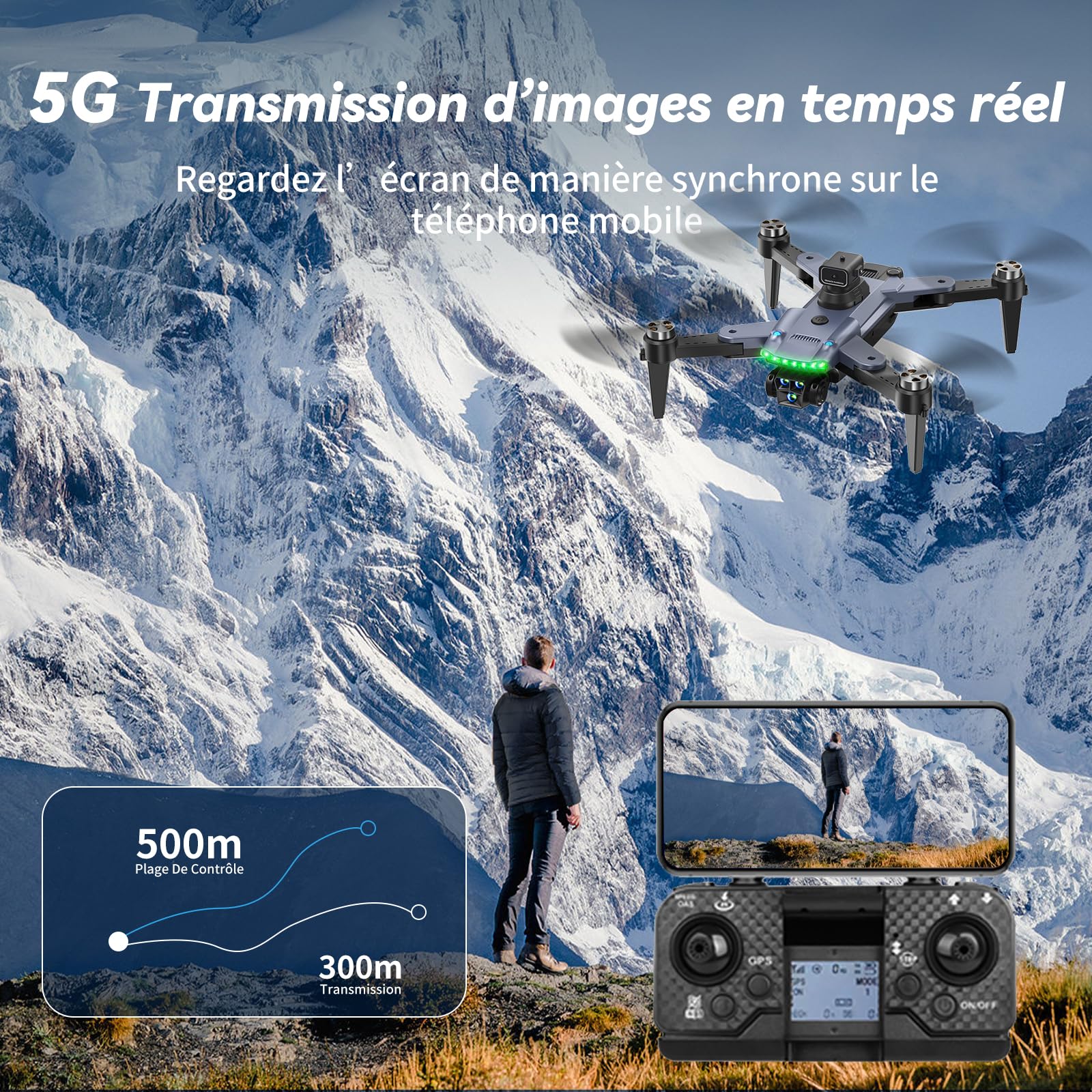 Drone GPS avec Caméra 4K Wi‑Fi 5G, S166, 60 Min d'Autonomie, Moteur sans Balais, Retour Auto, Suivez-moi, Résistance au Vent, <249g, 3 Batteries, Idéal pour Adultes (Noir)