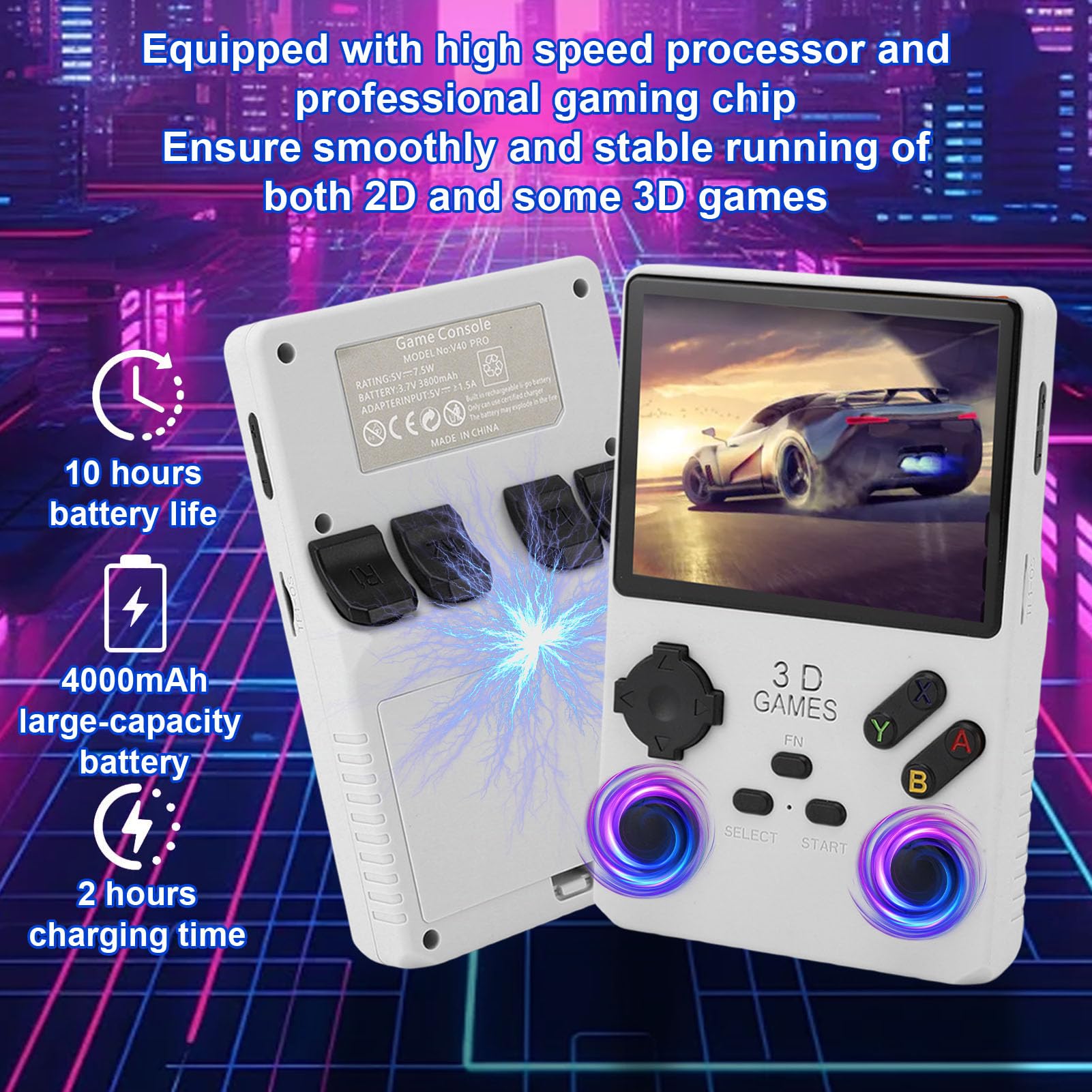 Vikye V40 Pro Handheld Game Console, 3,5 -calowa Konsola Gier w Retro, Naładowane Klasyczne 3800 MAh Podwójne Joysticks Handheld Console (WHITE)