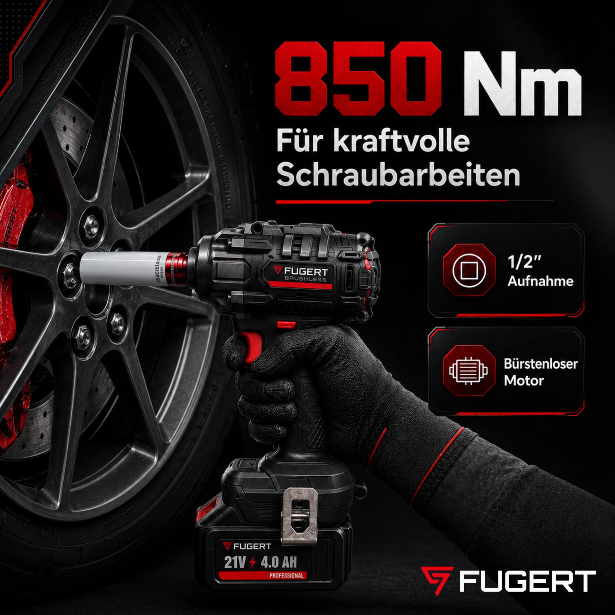 Akku Schlagschrauber 1/2 Zoll mit 2 Akkus 4.0Ah – 850Nm – Bürstenloser Motor – 3 Stufen + RSS-MODUS – Komplett-Set mit farbcodierten Nüssen & Koffer – Perfekt für Auto & Reifenwechsel