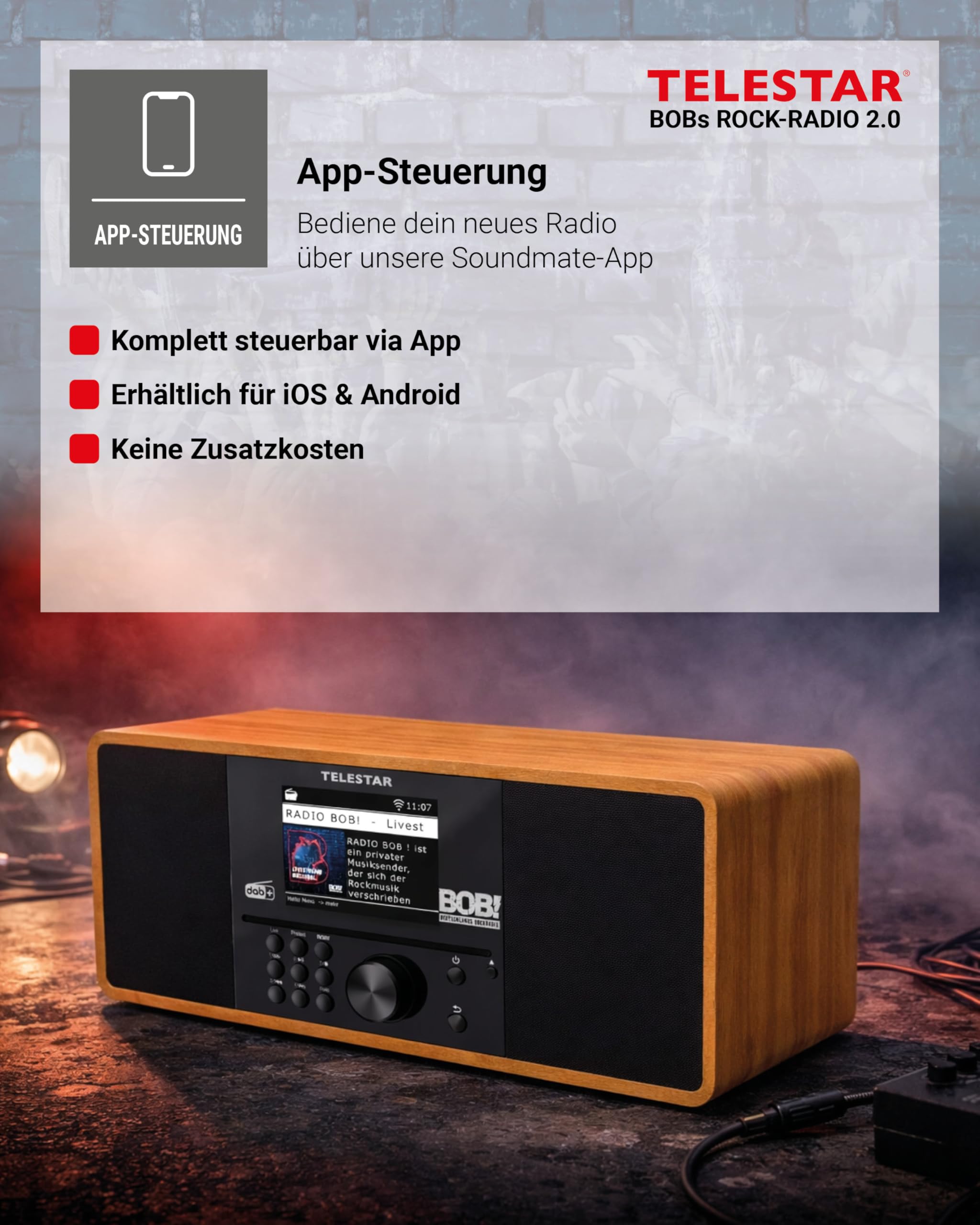TELESTAR BOBs Rock Radio 2.0 – DAB+/Internetradio mit CD-Player – Holz | RADIO BOB! Sender vorinstalliert, Stereo, 2 × 15 W, Streamingdienste, Bluetooth Audio-Streaming & Sendefunktion, USB