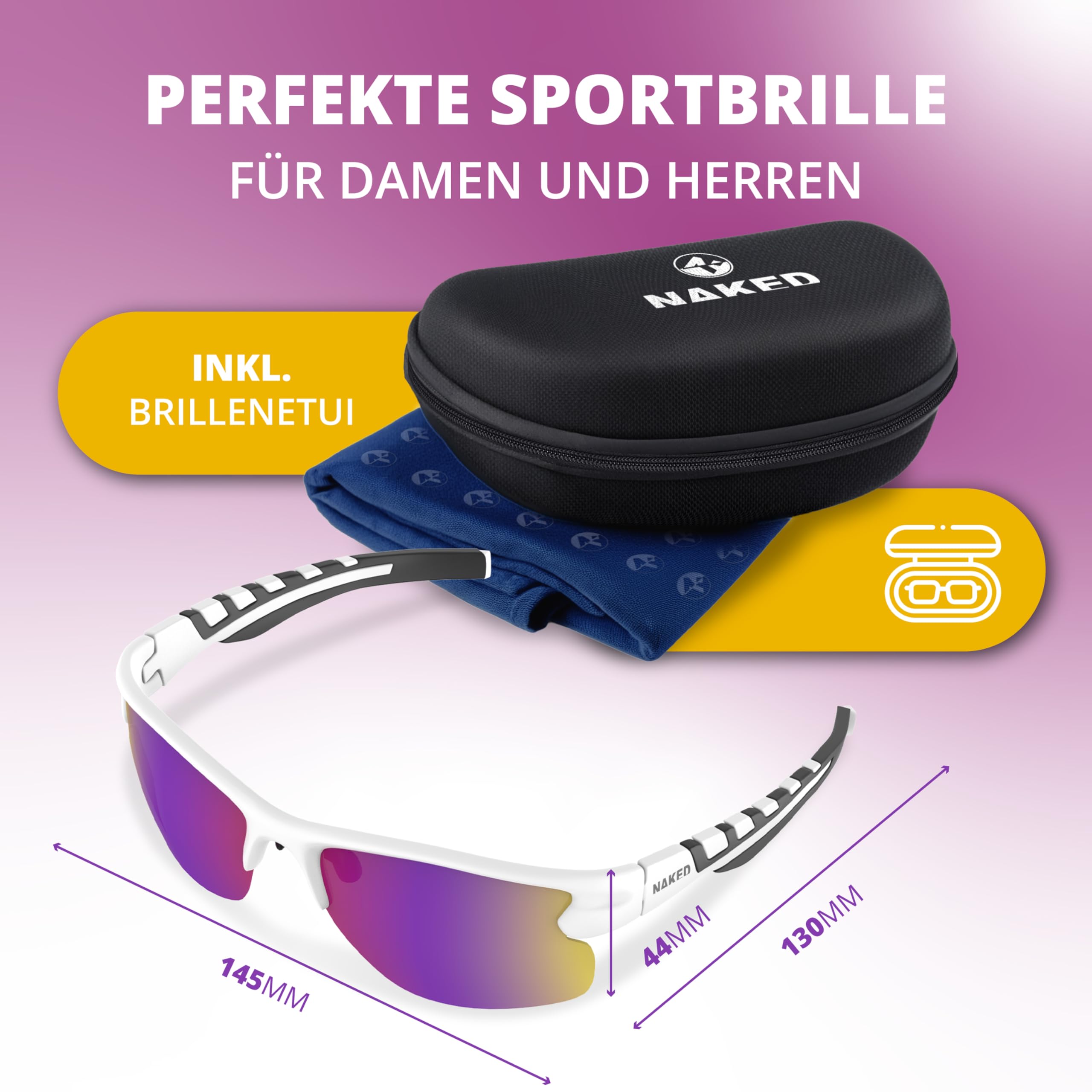 NAKED Optics Sportbrille Herren & Damen – Leichte Fahrradbrille für Herren & Damen mit Anti-Slip Pads – Bequeme Sport Sonnenbrille mit UV400-Schutz zum Radfahren, Laufen & MTB