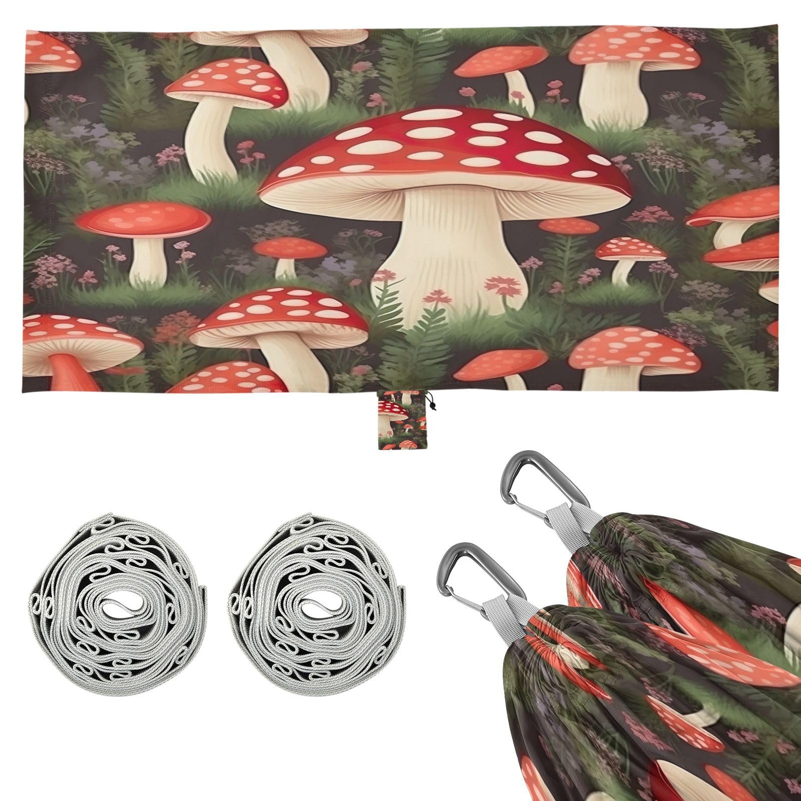 SDMKA Mushroom Pattern Camping Hammock, 330 lbs with 2 Tree Straps, Carry Bag, Single Portable Hammock for Outdoor/Indoor, Hiking, Beach, Backpacking, Travel