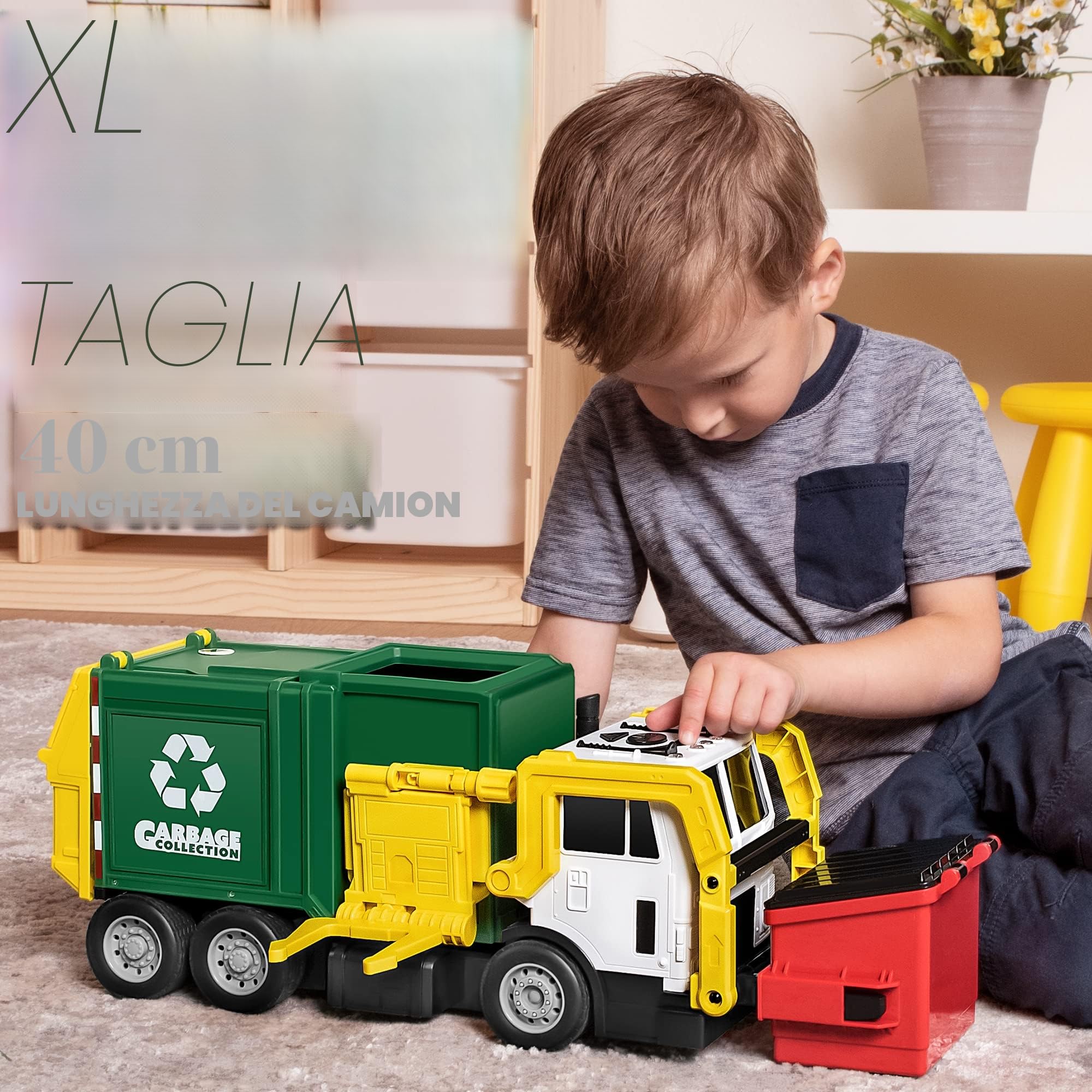 JOYIN Grande Camion Spazzatura da 40 cm, Giocattolo a Frizione con Luci e Suoni, con Pattumiera a Caricamento Frontale, 3 Bidoni Laterali con 30 Carte Pattumiera, Giocattoli per Bambini 3+(verde)