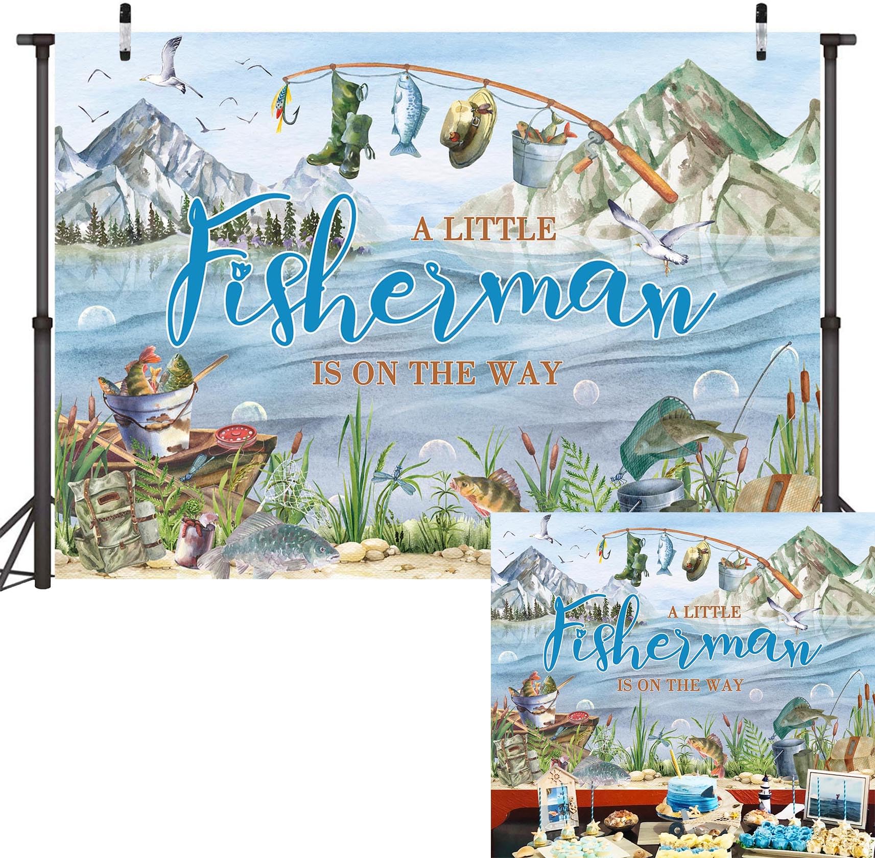 PGSWEER A Little Fisherman is On The Way Backdrop 8x6FT Fishing Baby Shower Backdrop Fisherman Baby Shower Birthday Party Decorations Background Banner