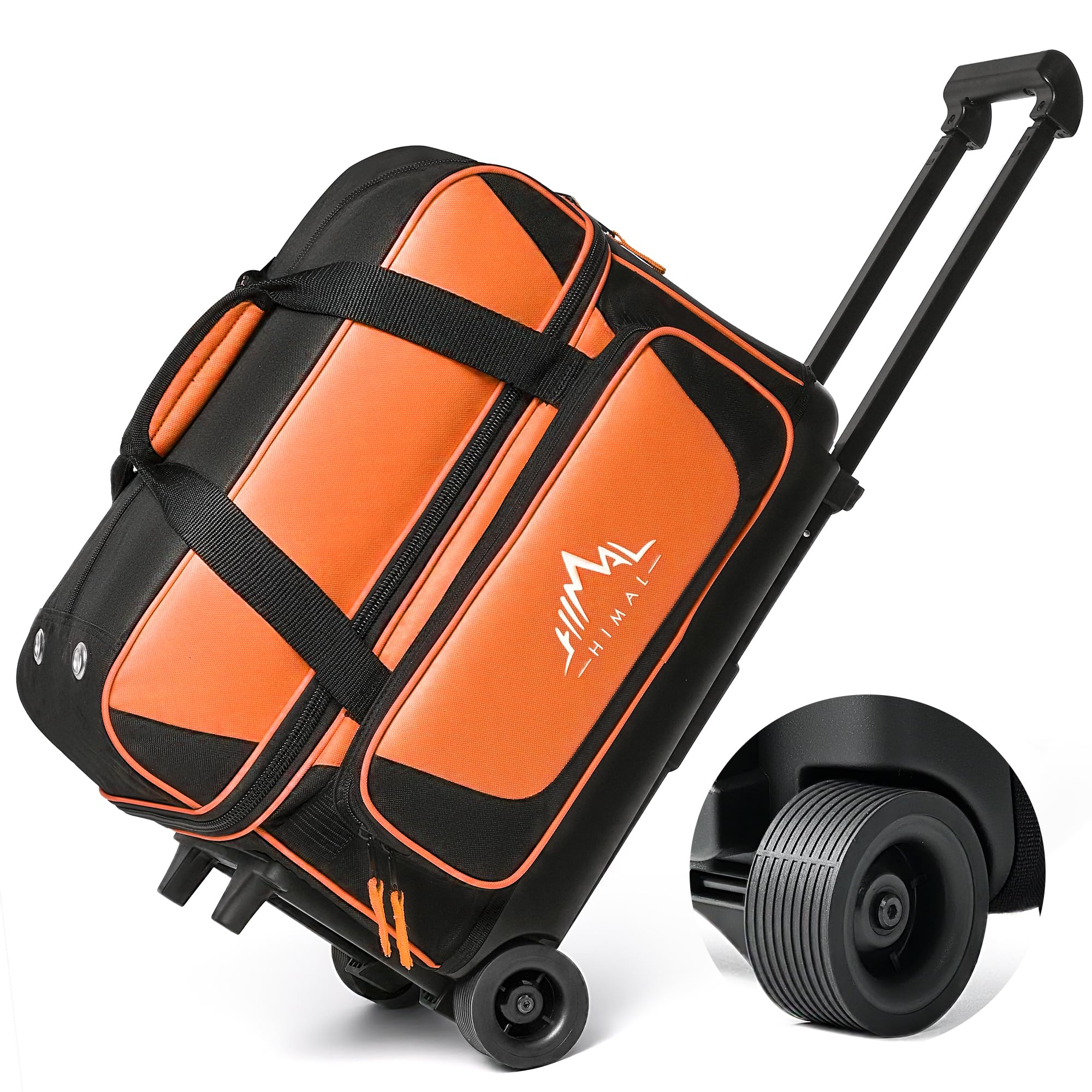 Double Roller 2 Ball Bowling Bag with Separate Shoe Compartment for Bowling Shoes (Up To US Mens Size 15) and Oversized Accessory Pocket, Retractable Handle - Extends to 40"