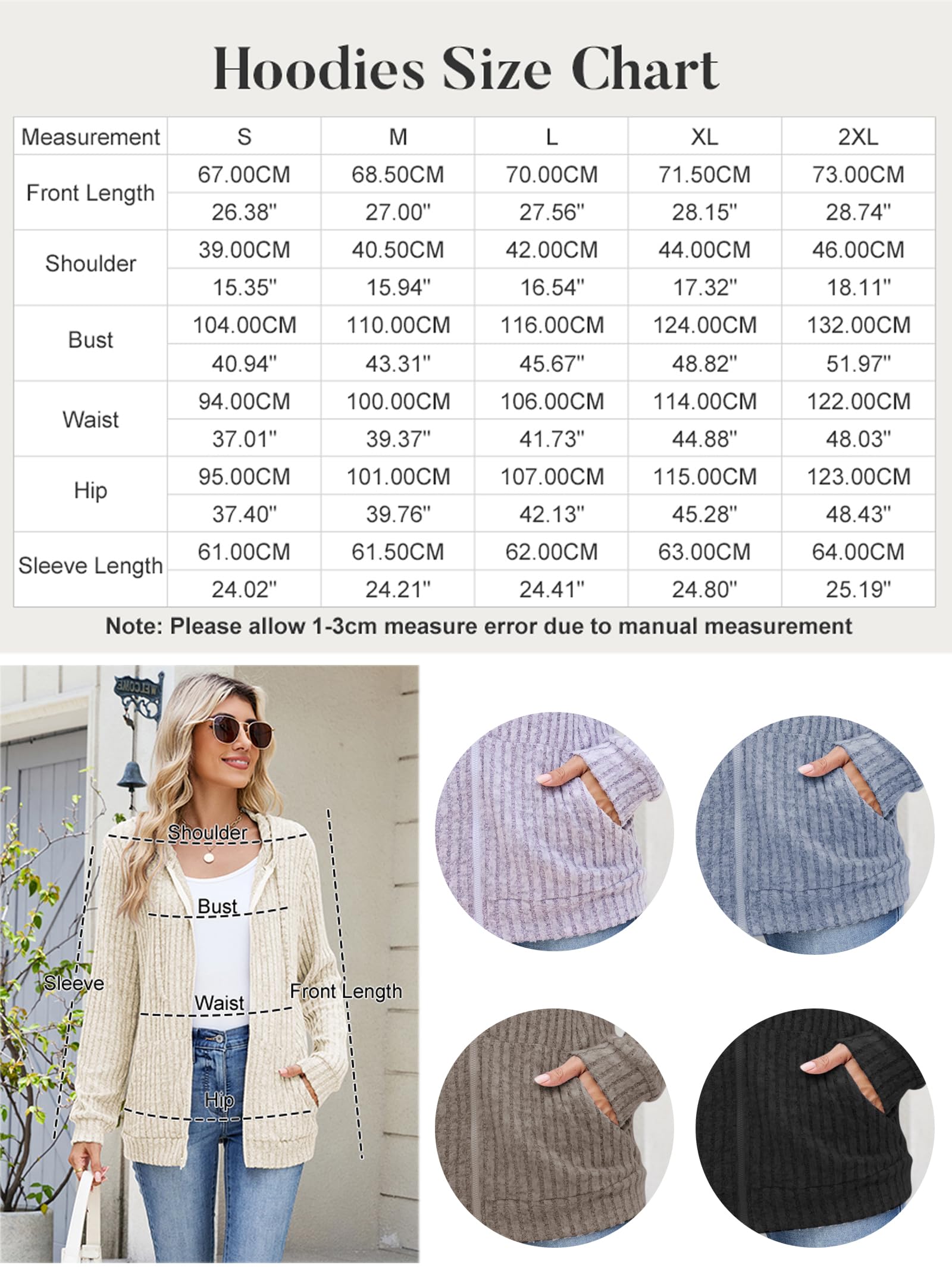 iChunhua Cardigan à capuche zippé à manches longues pour femme Veste légère avec poches