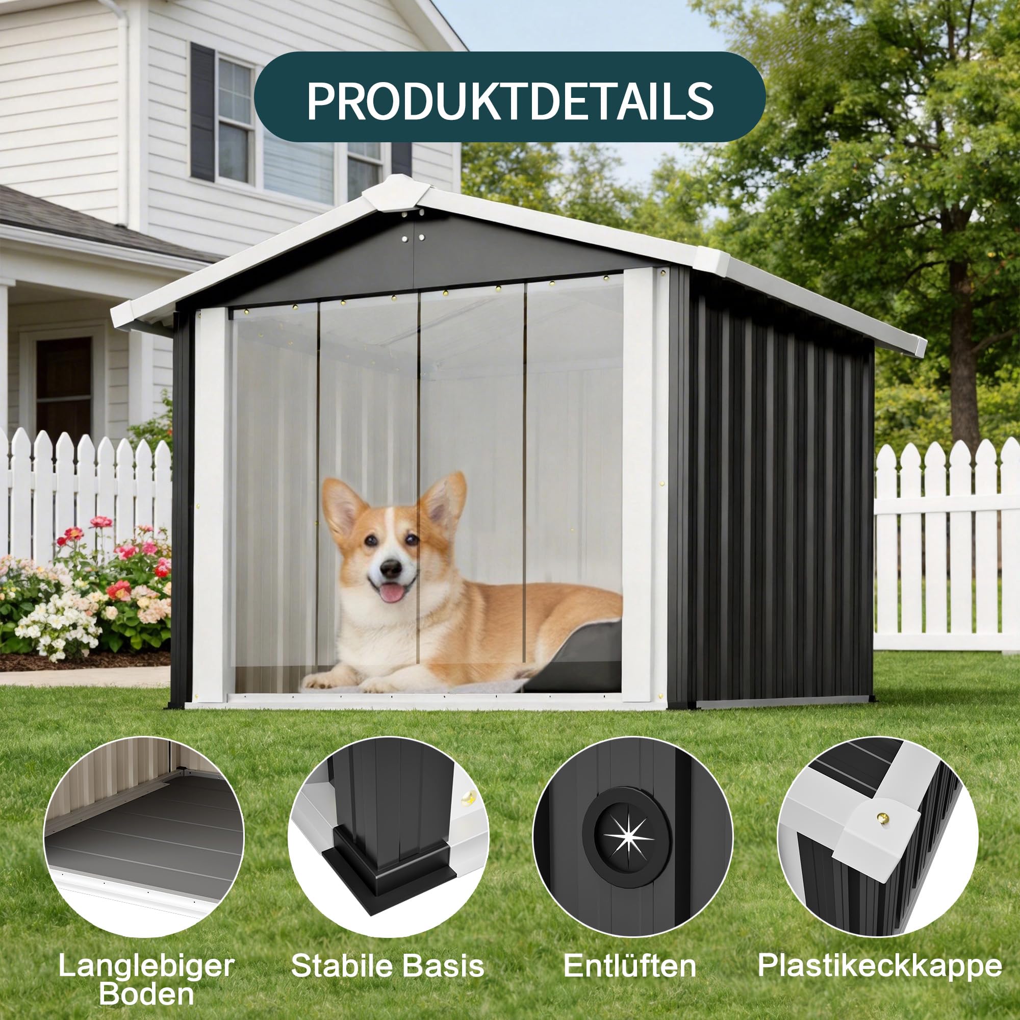 Caseta para perros XXL para exteriores, 102 cm, impermeable, protección UV, ventilación, color gris | Caseta XXL resistente al agua: sin remojo, sin tambalearse. Confort seco, protección UV, duradero, calidad estable.