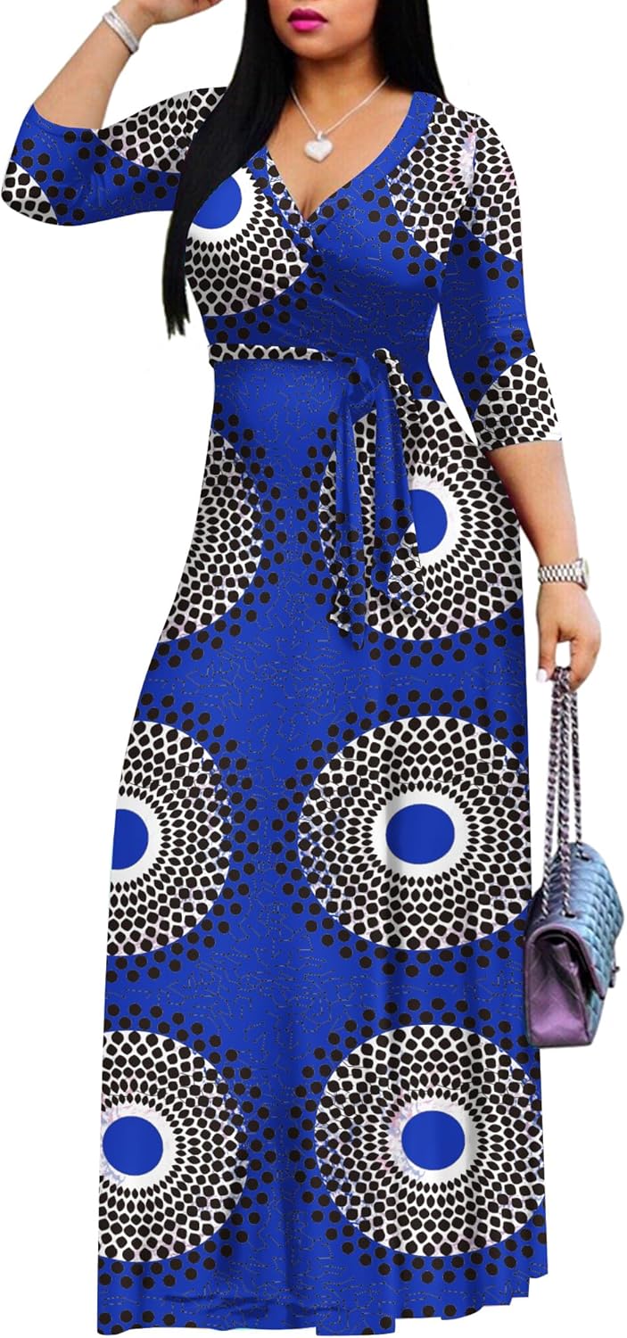 AOMONI Women's Floral Print Maxi Dresses Summer with Pockets Casual 3 4 Sleeve V-Neck Wrap Tie Waist Long Dress, M-3XL - Image 2