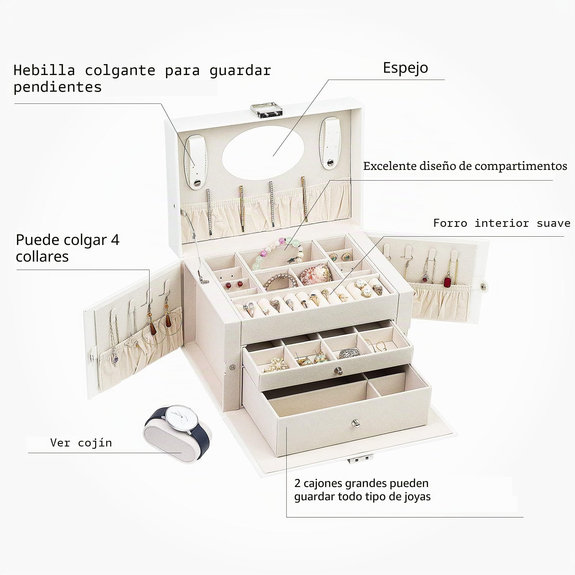 ADEL DREAM oyero de piel sintética con 3 niveles joyero para anillos pendientes collares pulsera regalo elegante para mujeres y niñas Blanco