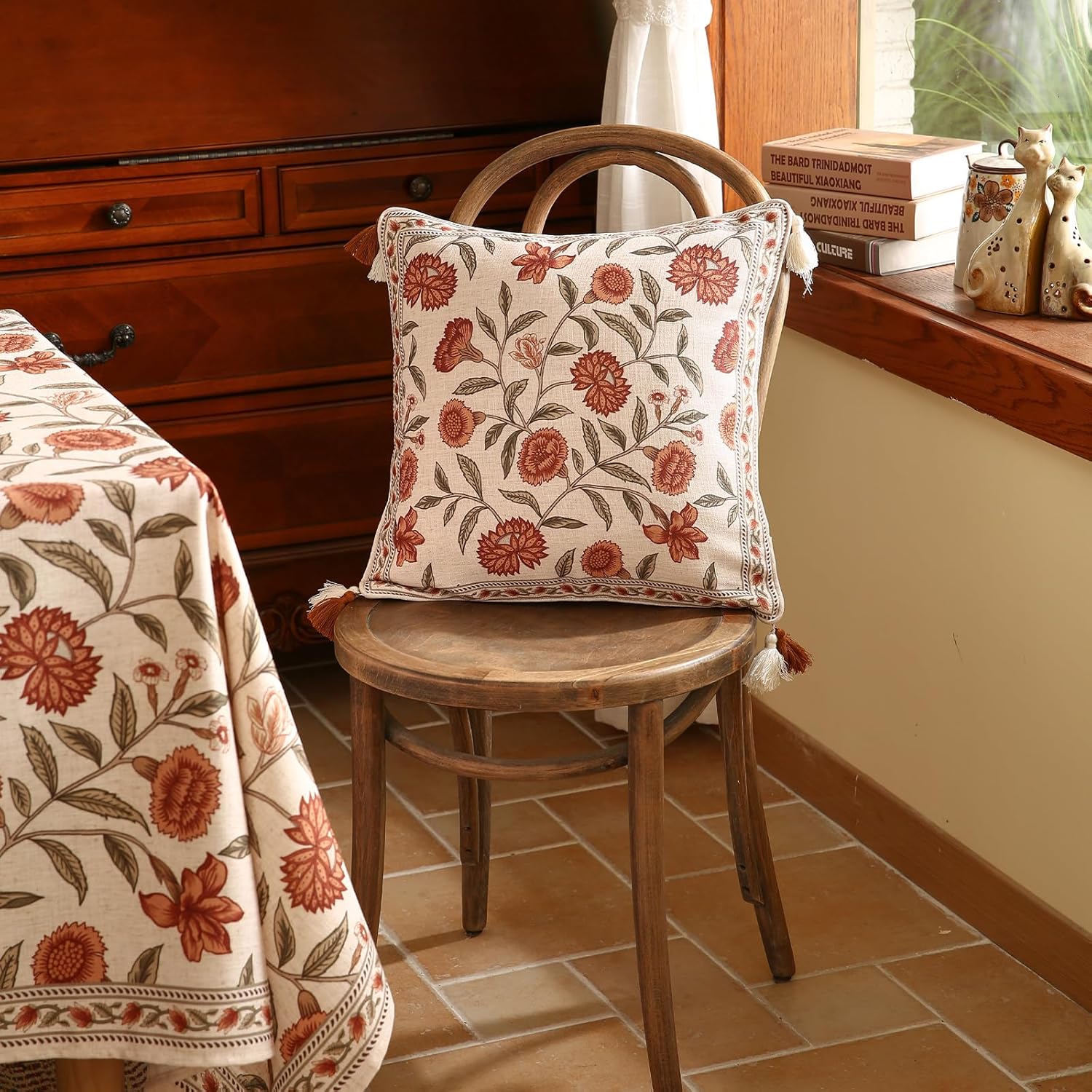 ISAENNE Design Linen Square Vintage Throw Pillow Covers 18"x18" Pack of 2, Brick Red Cushion Covers with Orange Floral Green Leaves Pattern Decoration Pillowcases for Bed,Living Room,Outdoor,Car