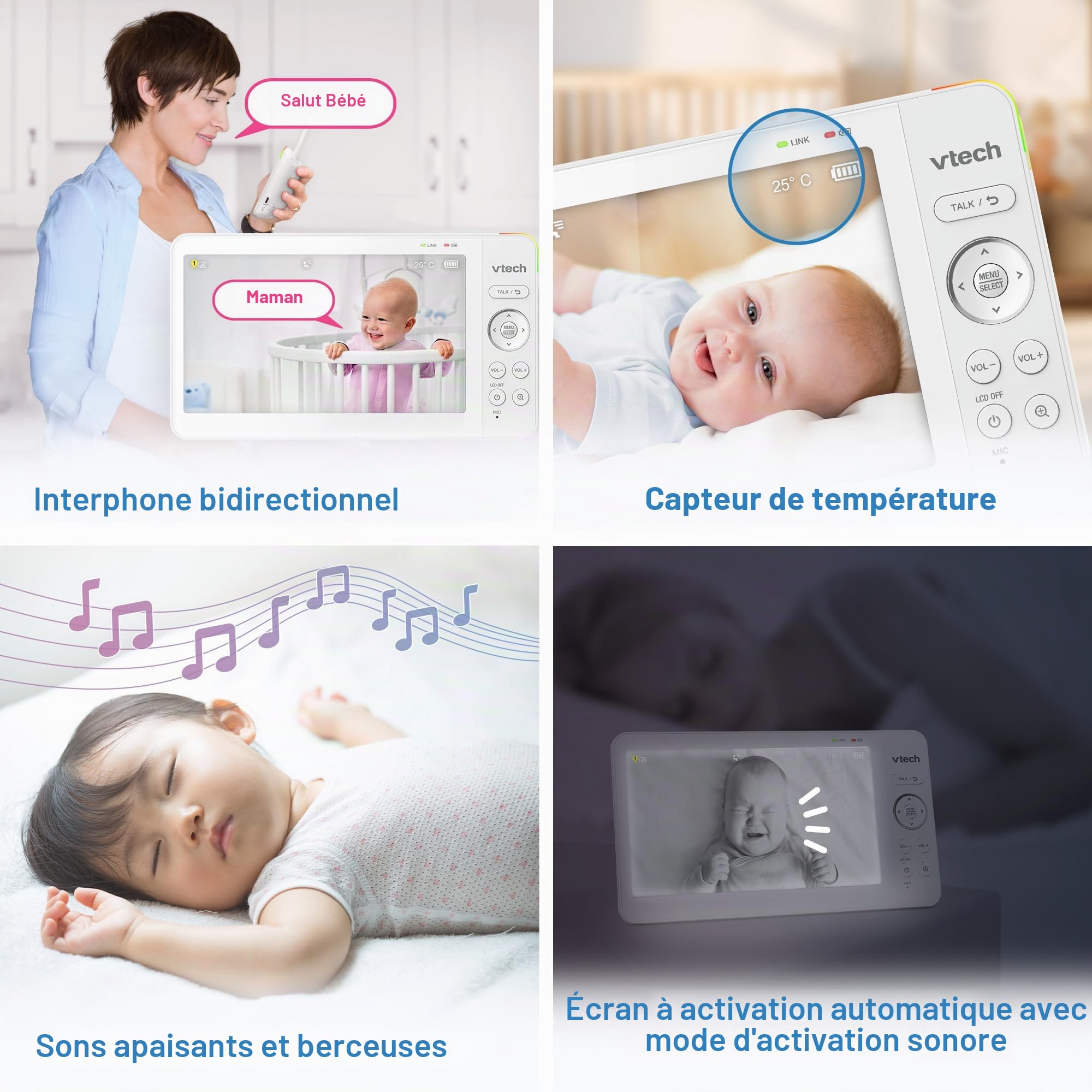 VTech VM7467 Moniteur pour bébé avec écran LCD 7", Zoom inclinable panoramique à Distance, Vue Grand Angle de 178°, Sons apaisants et berceuses, veilleuse Multicolore, Conversation bidirectionnelle,