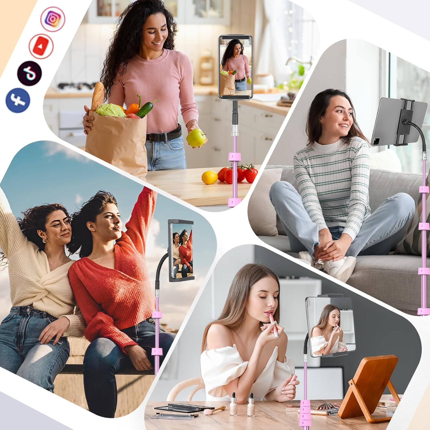 Aureday Adjustable Tripod Stand, 67” Height, Tablet Holder for iPad mini/Air/Pro, Kindle, Switch, Smartphones, 4.7”-12.9” Devices, Pink