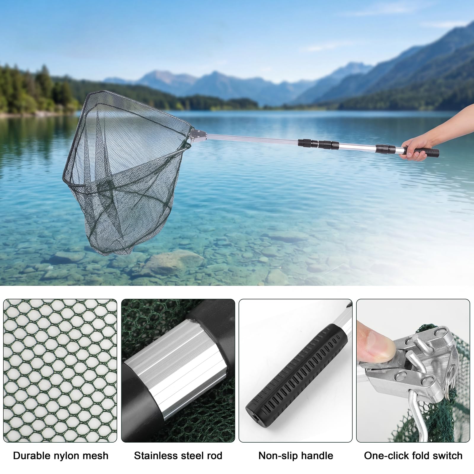 Red de Pesca Plegable Red telescópica con Mango Antideslizante Red Extensible para capturas Accesorio de Pesca al Aire Libre para estanques,Lagos,Arroyos y Pesca Desde Barco