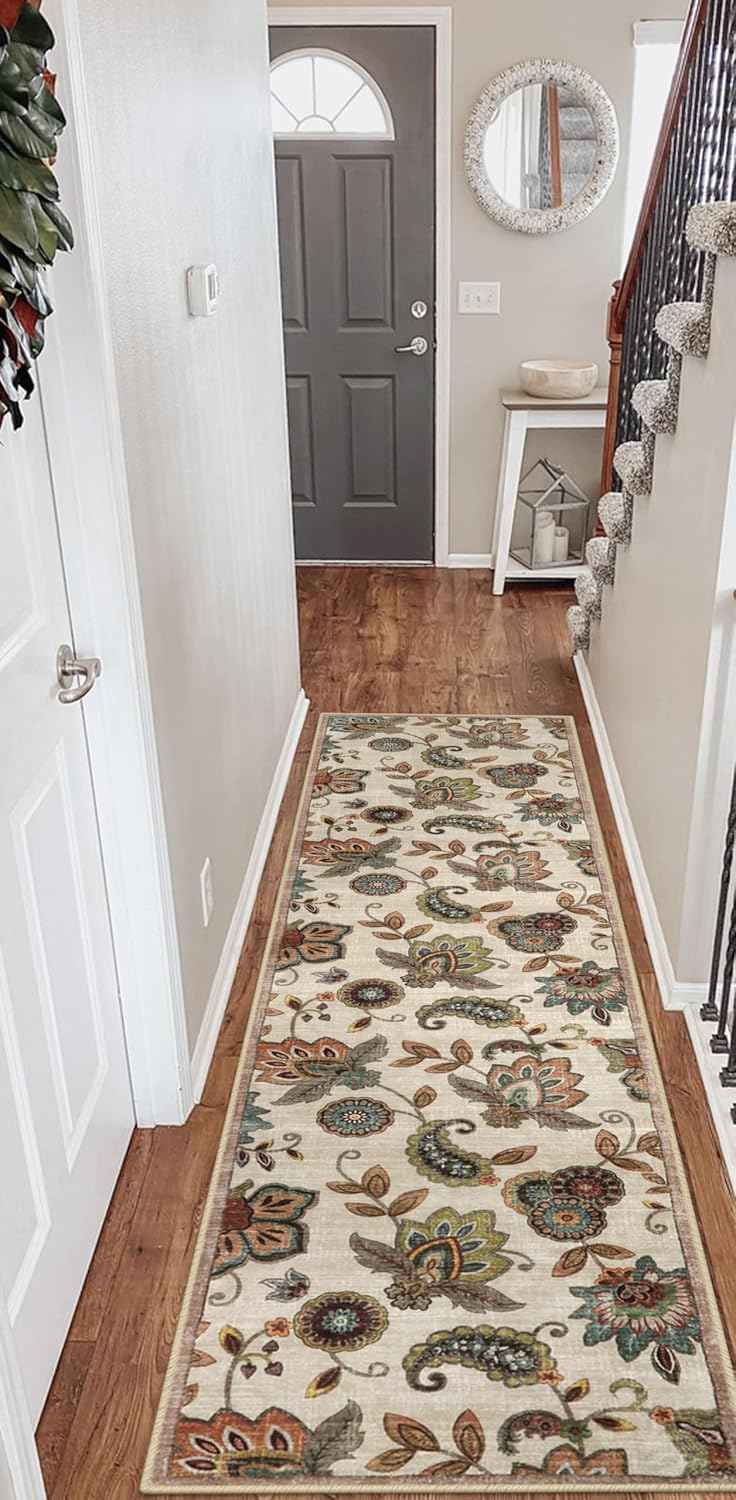 Morebes Floral Kitchen Runner Rugs Non Skid Washable,Long Hallway Runner Rug 8 ft,Non-Slip Bath Mat Distressed Paisley Indoor Floor Carpet Runner for Entryway Laundry Foyer,Beige Ivory