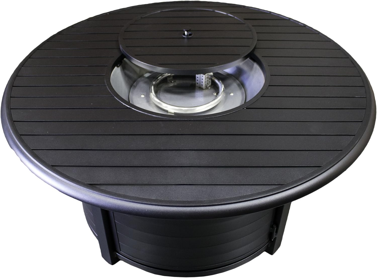 Hiland 48'' Extruded Aluminum Round Slatted Top Propane Fire Pit Table with Lid, Clear Fire Glass, Regulator and Hose, 42,000 BTU, Black