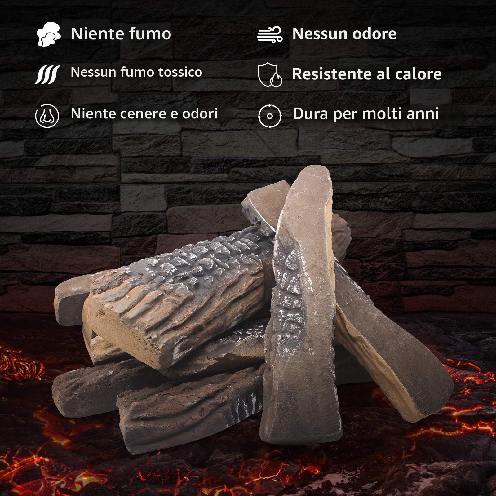 Heyfurni Ceppi per caminetto a gas, 5 pezzi di grandi ceppi di legna da ardere in ceramica, decorazione natalizia per braciere a propano, ceppi realistici per caminetto