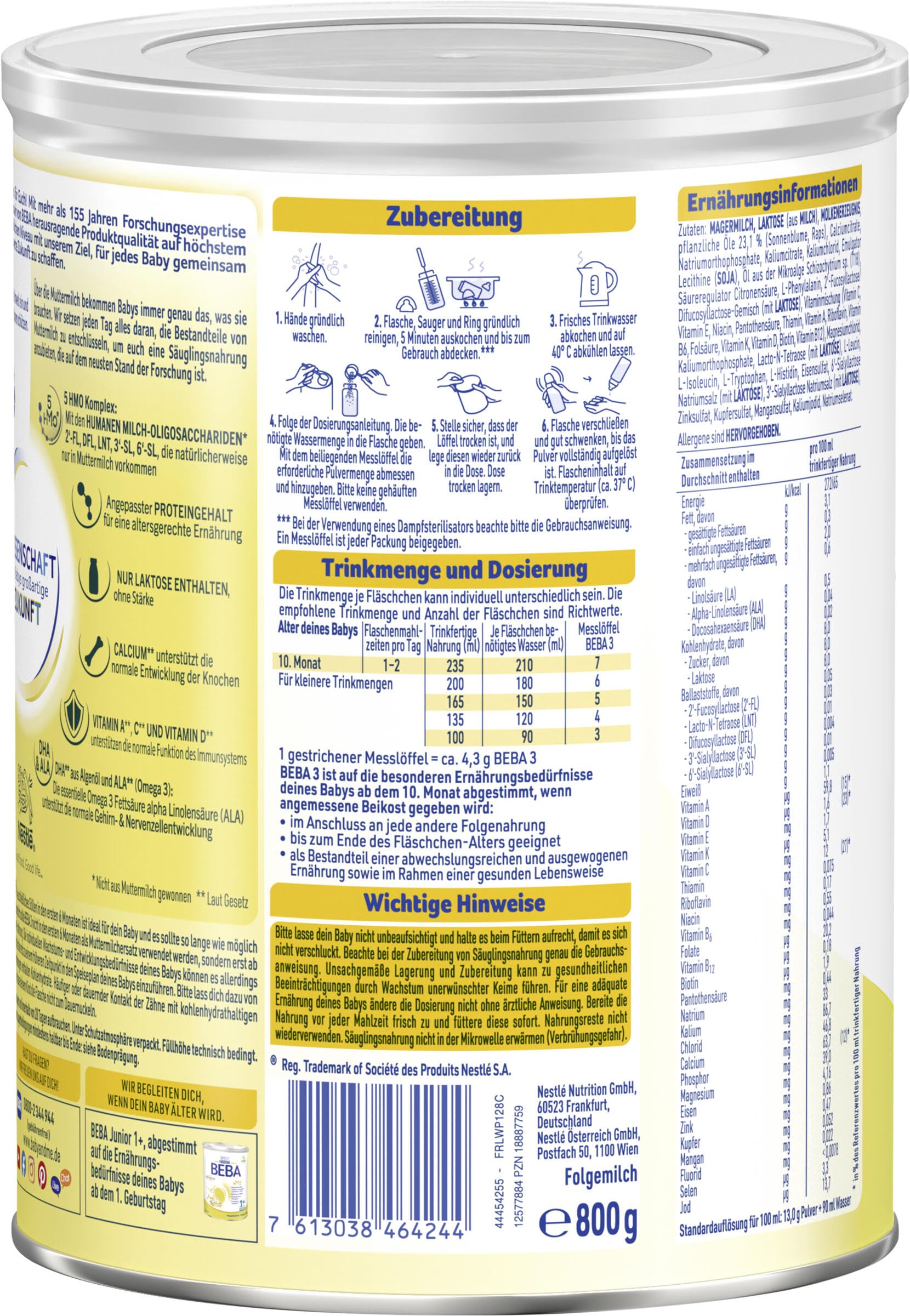 BEBA 3 - Folgemilch ab dem 10. Monat, Mit 5 HMO Komplex, Altersgerecht angepasster Proteingehalt, Nur Laktose, Ohne Palmöl, Ohne Fischöl, Babynahrung, Baby-Milchpulver, 6er Pack (6 x 800g)
