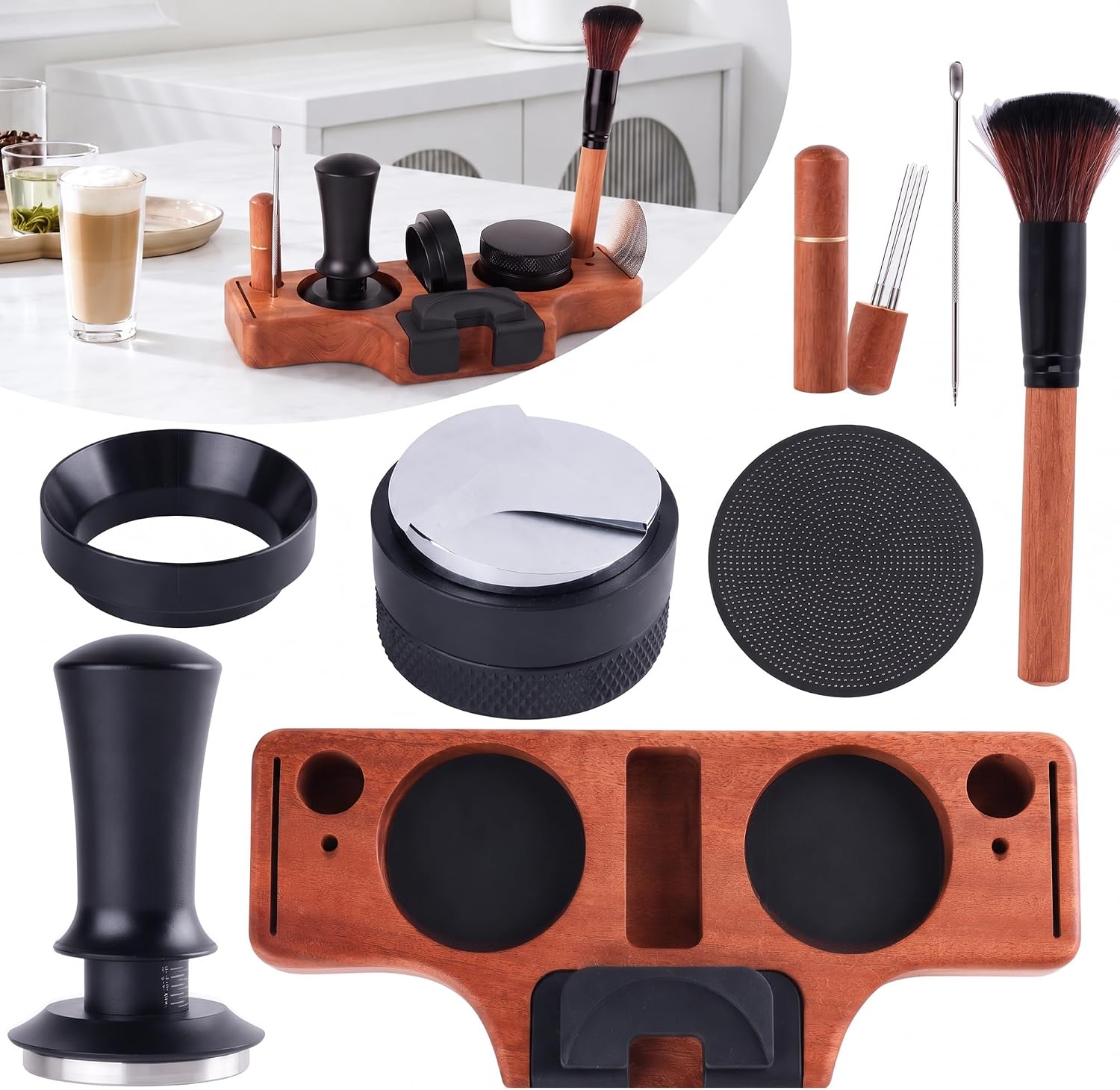 58mm 8 Pcs espresso accessories kit with Wooden Espresso Tamping Station (51mm 53mm 58mm), Espresso Machine Accessories Set: Tamper, Distributor, Dosing Ring, WDT Tool, Puck Screen, Brush & Art Pen