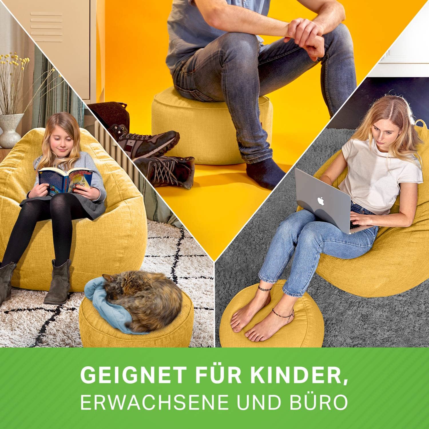Green Bean Sitzsack-Hocker Home Linen rund 45x25cm mit EPS-Perlen Füllung - Fußhocker Sitz-Pouf für Sitzsäcke - Bodenkissen für Kinder und Erwachsene - Sitzkissen Sitzhocker Gelb