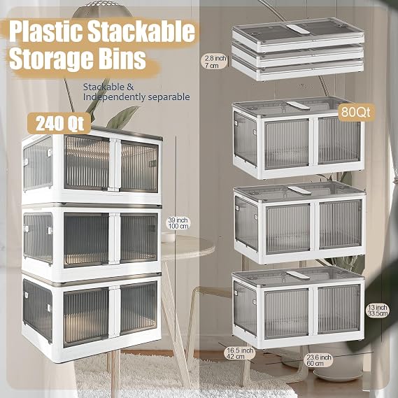 Stackable Storage Bins with Doors - 3 Tier 80Qt Each Plastic Collapsible Storage Bins with Wheels, Foldable Storage Cabinet for Closet Organizers(60 Gal/240 Qt)