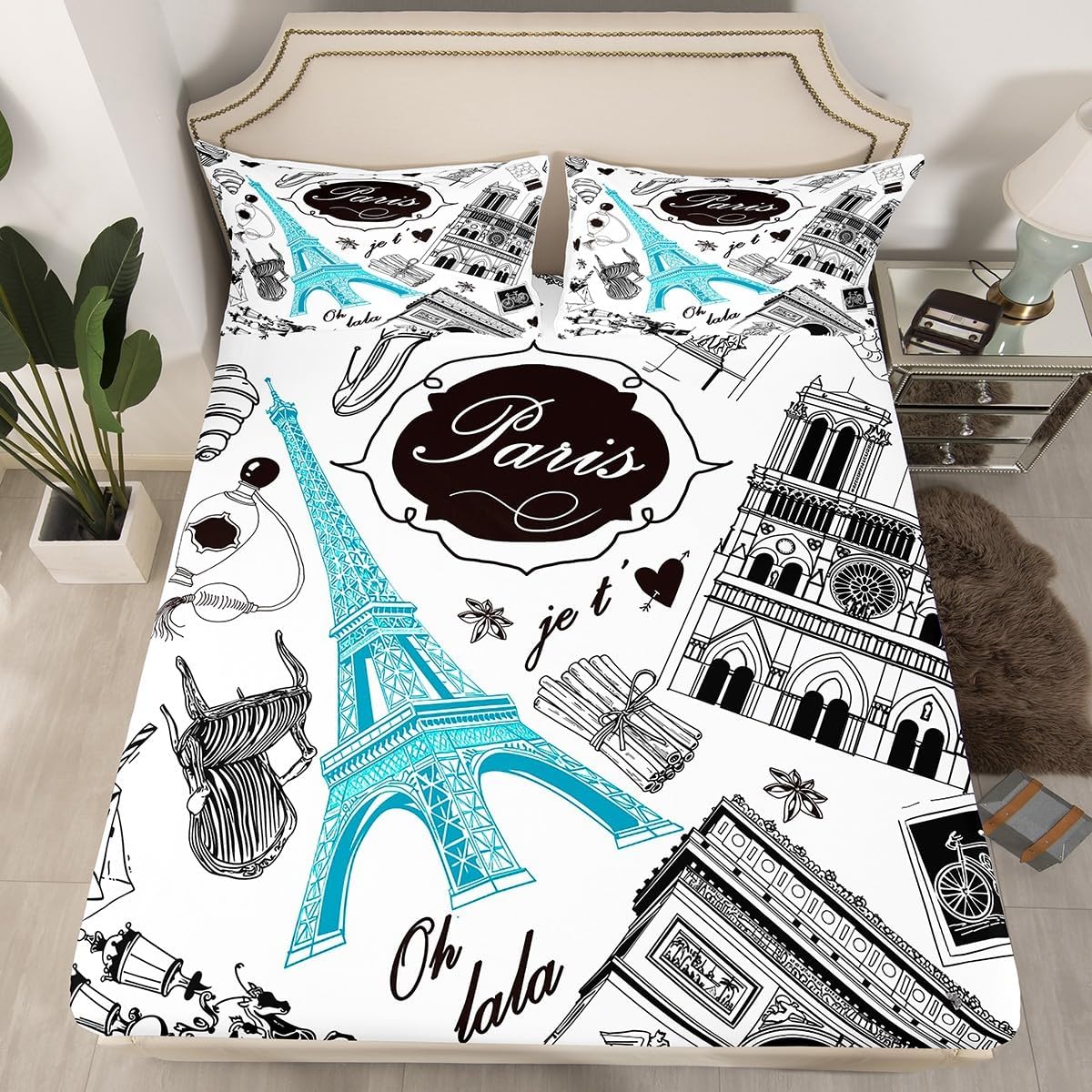 Manfei Kids Paris Sheet Set Full Size Eiffel Tower Bed Sheet Set 4pcs with Deep Pocket Fitted Sheet + Flat Sheet + 2 Pillowcases France Famous Buildings Print Bedding Set for Boys Teens Room Decor