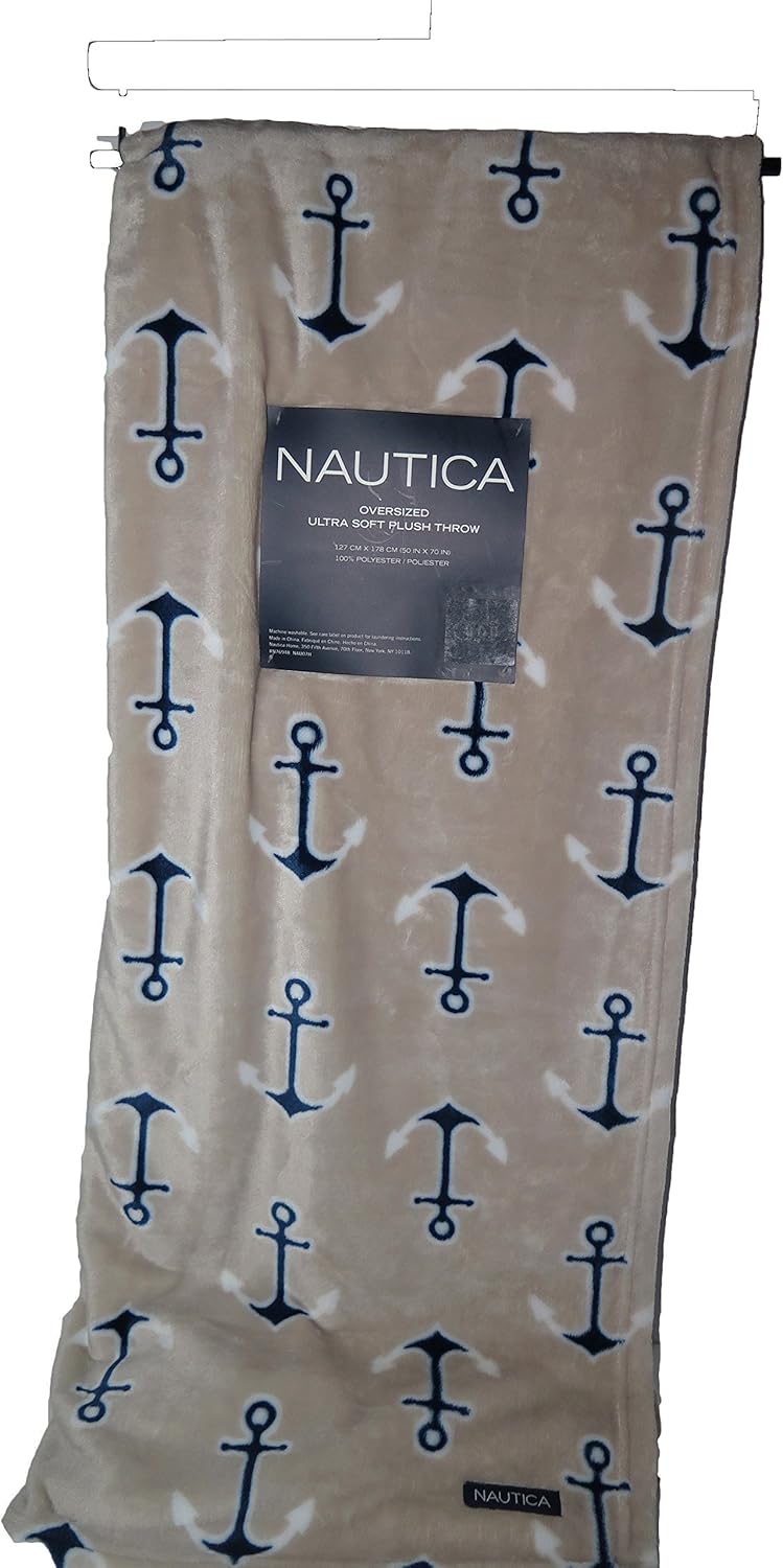 Nautica Oversized Plush Beige Blue Anchor Print Throw