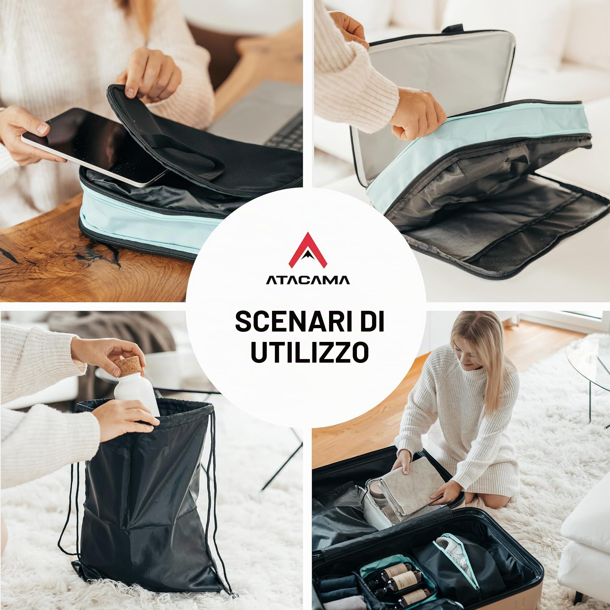 Atacama Set di dadi a compressione di alta qualità: chiusura lampo e doppie tasche, tasche con compressione per zaino e valigia, colore nero, set di 8