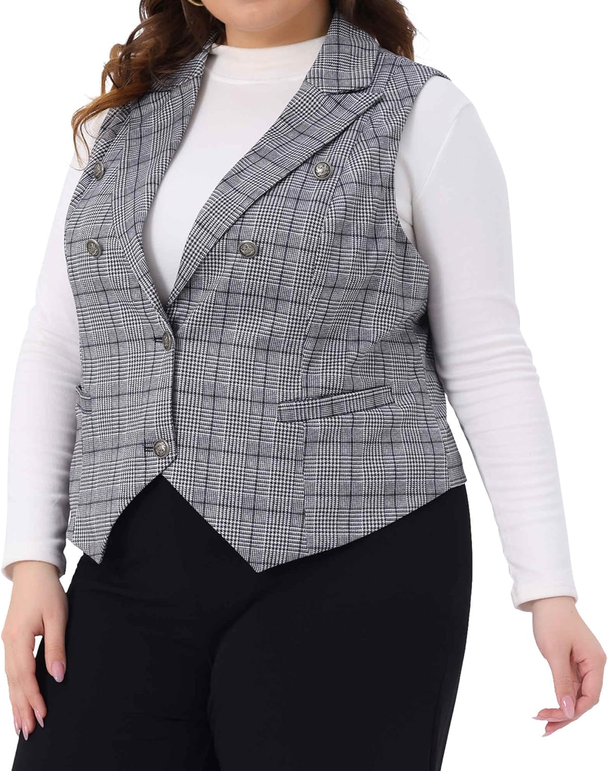 Agnes Orinda Plus Size Checkered Vest Lined Waistcoat for Curvy Women Vintage Office Work Plaid Vest Steampunk Jacket - Image 2