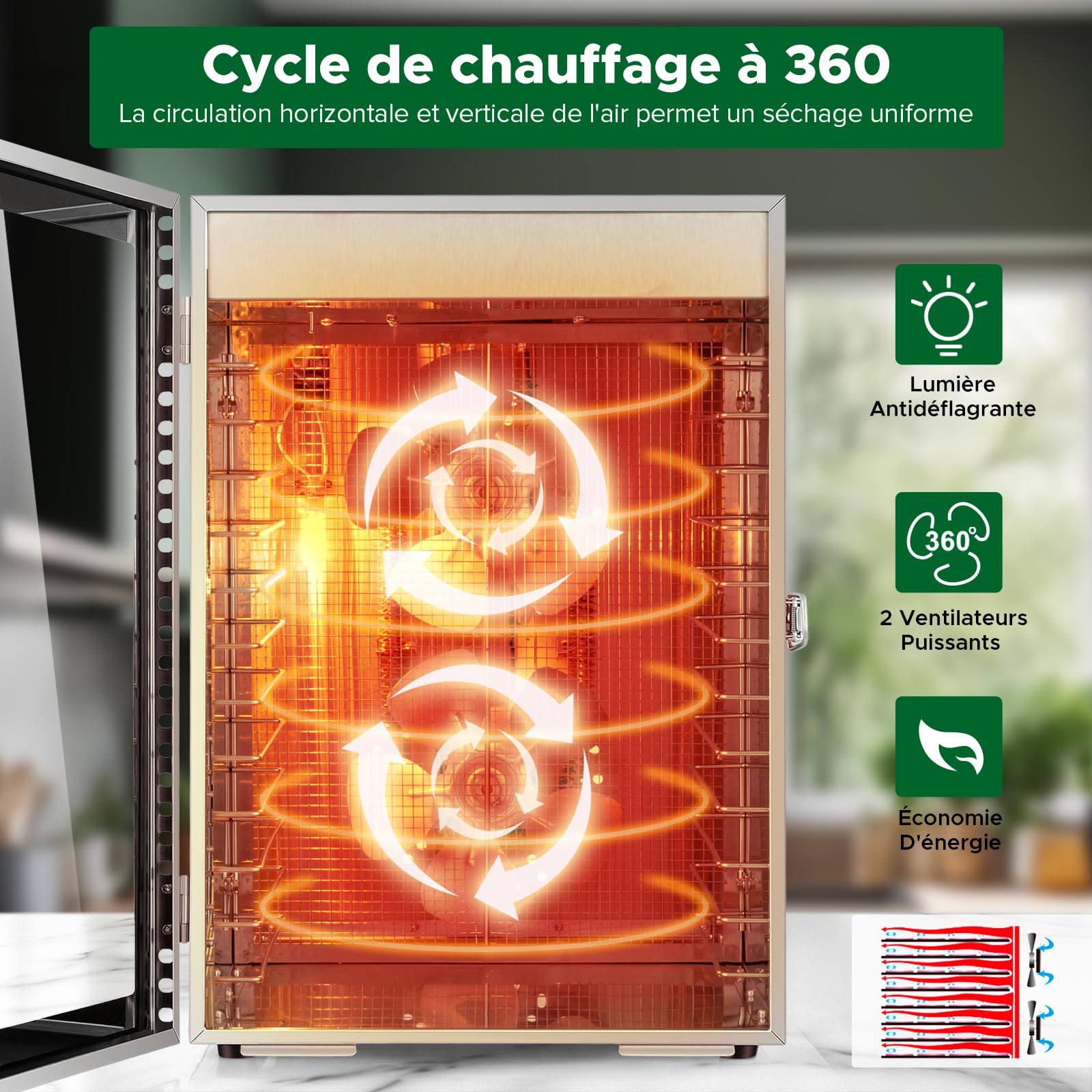 Kwasyo Deshydrateur Alimentaire avec 12 Plateaux Inox, Séchage efficace à 360 ° double ventilateur, Desydratateur Minuterie 24H et contrôle de température de 30 à 90 ℃, Protection contre la surchauffe