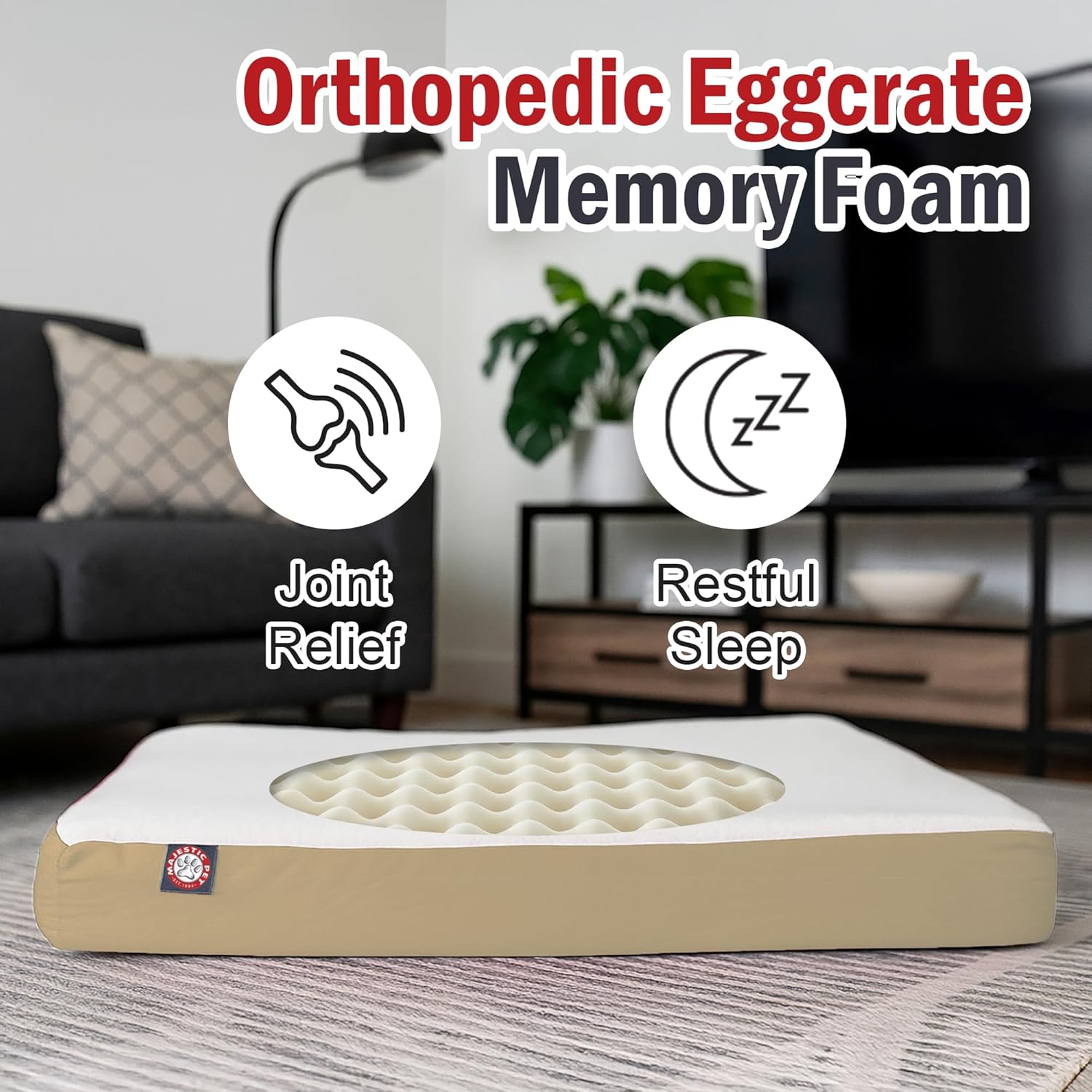 Majestic Pet 48x34x3 Inch Khaki Orthopedic Memory Foam Rectangle Dog Bed – Large Size Crate Dog Bed for Dogs with Joint Pain, Arthritis – Durable Pet Mattress with Egg Crate Foam, Washable Cover