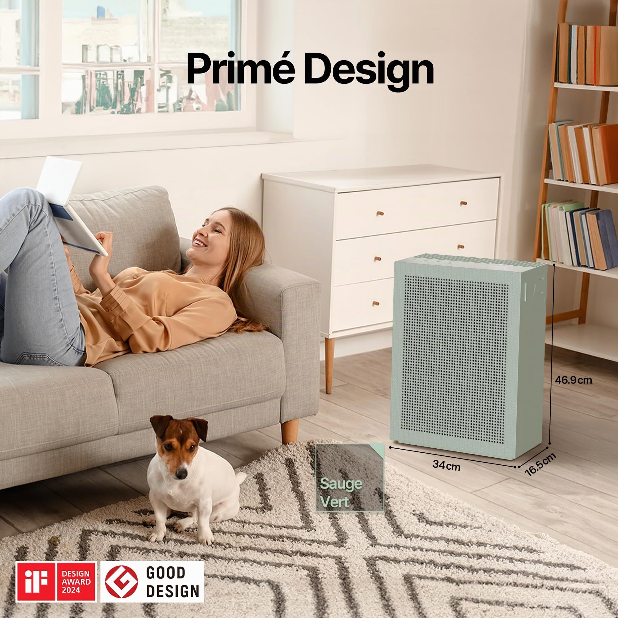 COWAY purificateur d’air maison chambre, air purifier, ECARF Quiet Mark, mode sommeil 20 dB, préfiltre lavable amovible par le haut, allergies fumée pollen animaux, Airmega 150, Vert