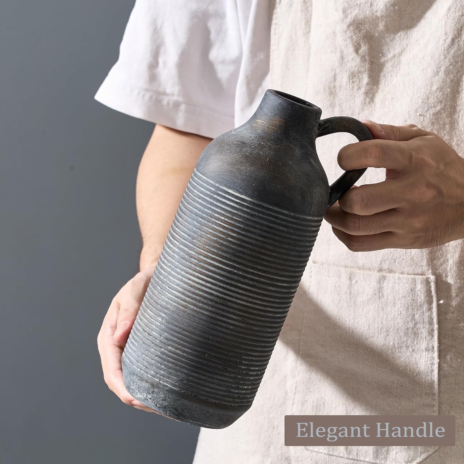 Ceramic Rustic Vase for Home Decor, Terracotta Vase with Handle, Handcrafted Vintage Decorative Flower Vase for Farmhouse, Living Room, Table, Fireplace, Nightstand - Black Bronze - Image 3