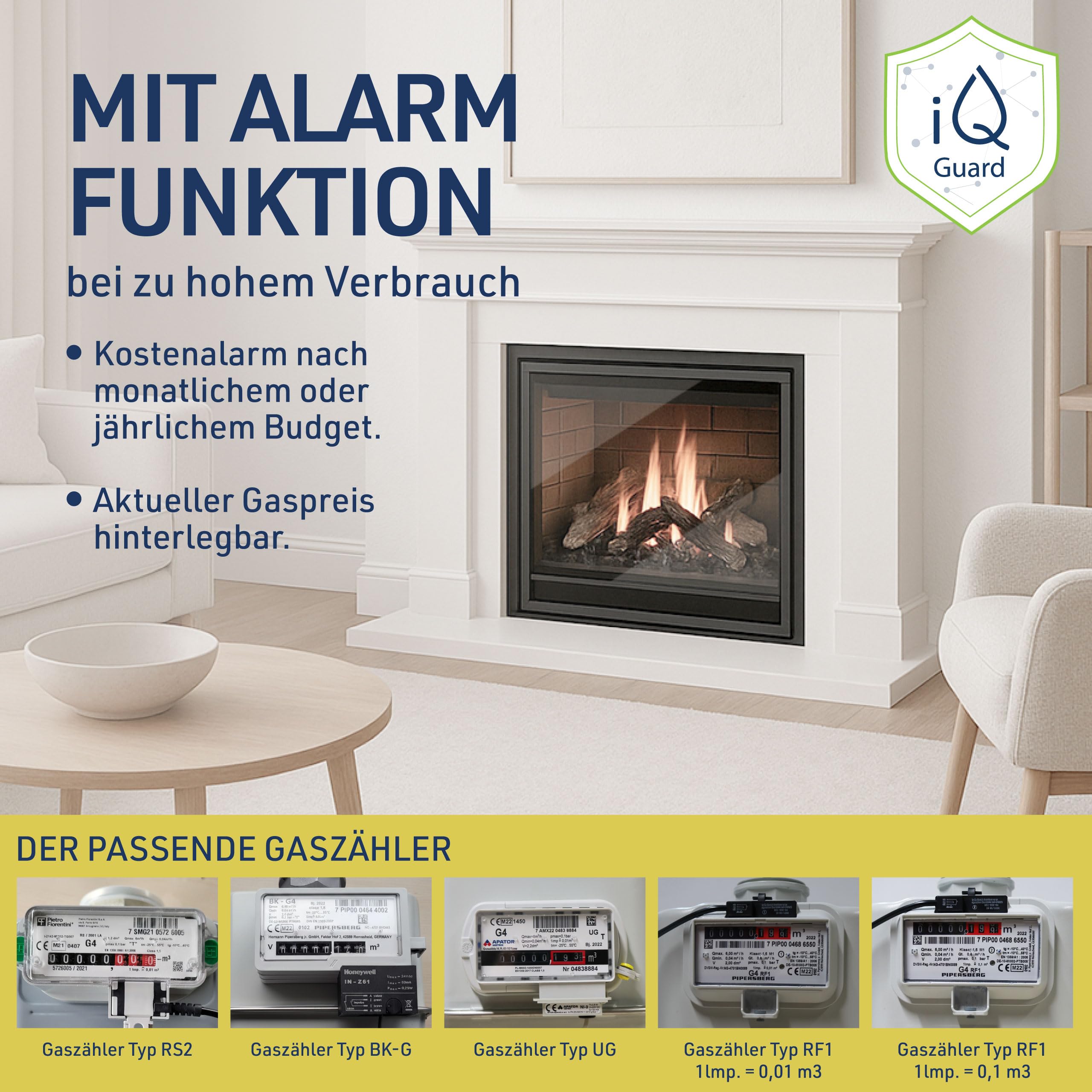 iQ gasGuard inteligentny licznik gazu z interfejsem impulsowym z funkcją alarmu i Wi-Fi - cyfrowy monitoring zużycia gazu i kosztów - licznik zużycia gazu i miernik z WiFi do smartfonów i komputerów