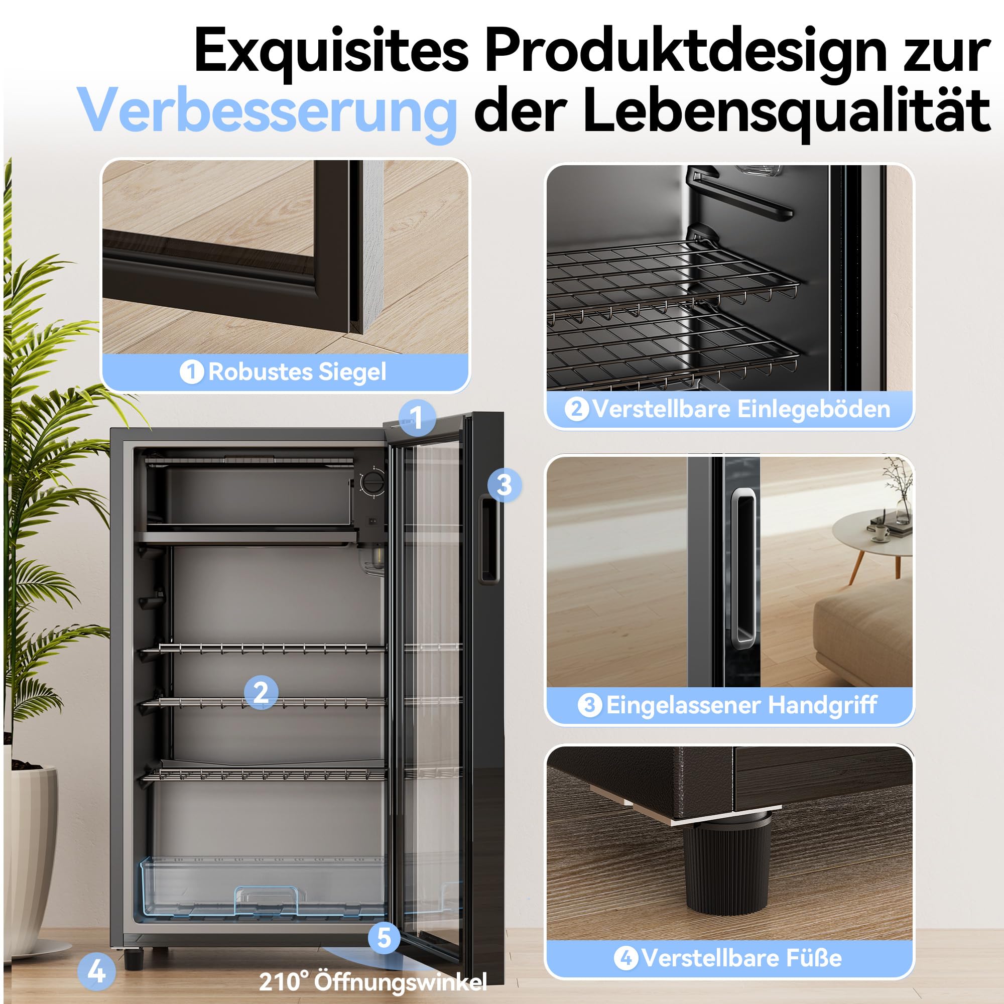 TRIUMPHKEY 93L Getränkekühlschrank Mini-Kühlschrank mit Glastür für 140 Dosen LED