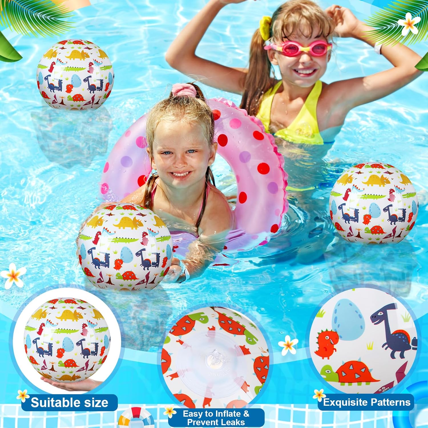 Leyndo 12 Pack Cartoon Dinosaur Themed Beach Ball for Kids 7.87" Bulk for Summer Pool and Beach Game Gifts and Birthday Party Supplies and End of The Year Class Party Decoration Favors