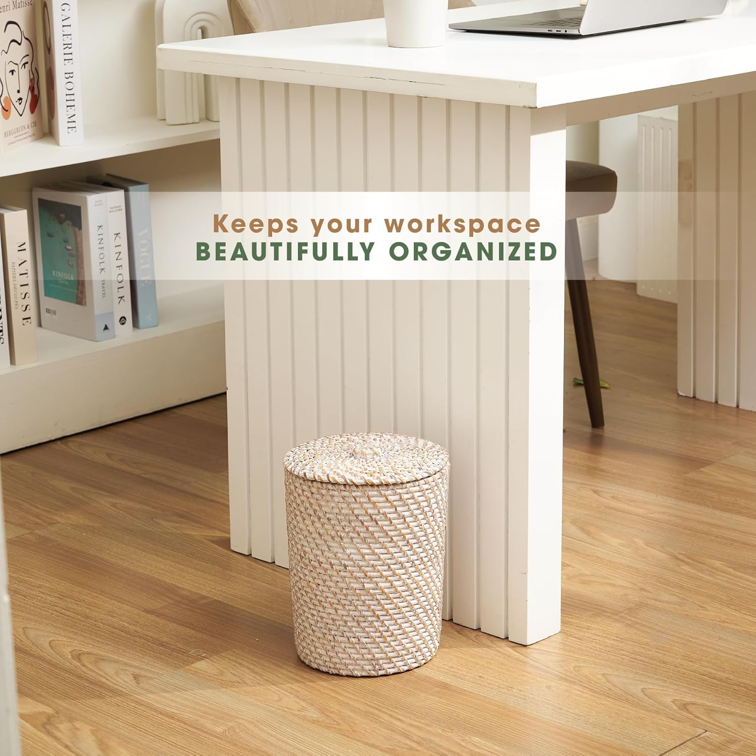 White Wicker Trash Can with Lid and Liner - Rattan Trash Can