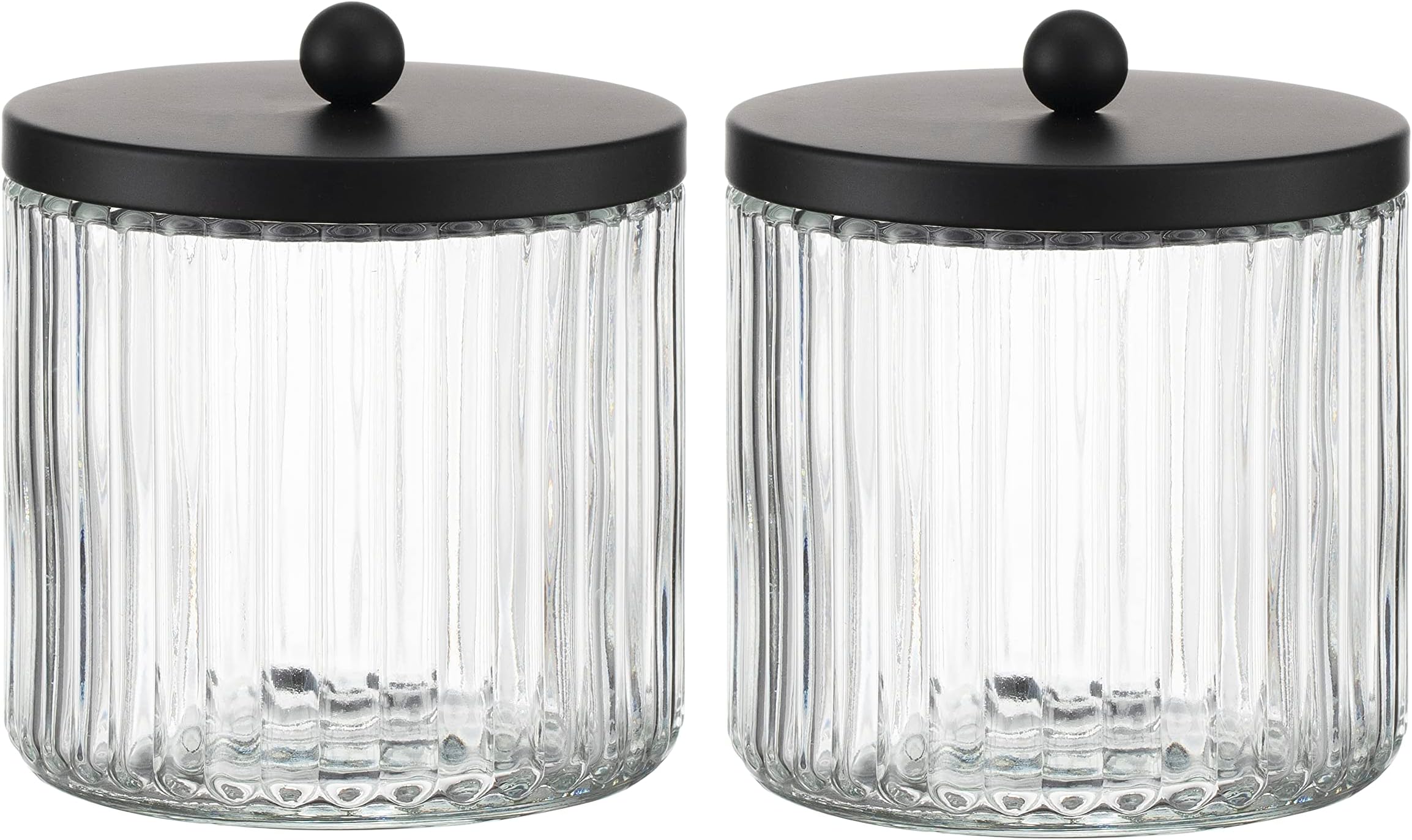 KMwares 2-Pack Glass Qtip Holder Dispenser Set - Bathroom Canister Storage Organizer for Cotton Balls, Swabs, Floss Picks, and Makeup Sponges with Matte Black Metal Lid - Clear Vanity Apothecary Jars
