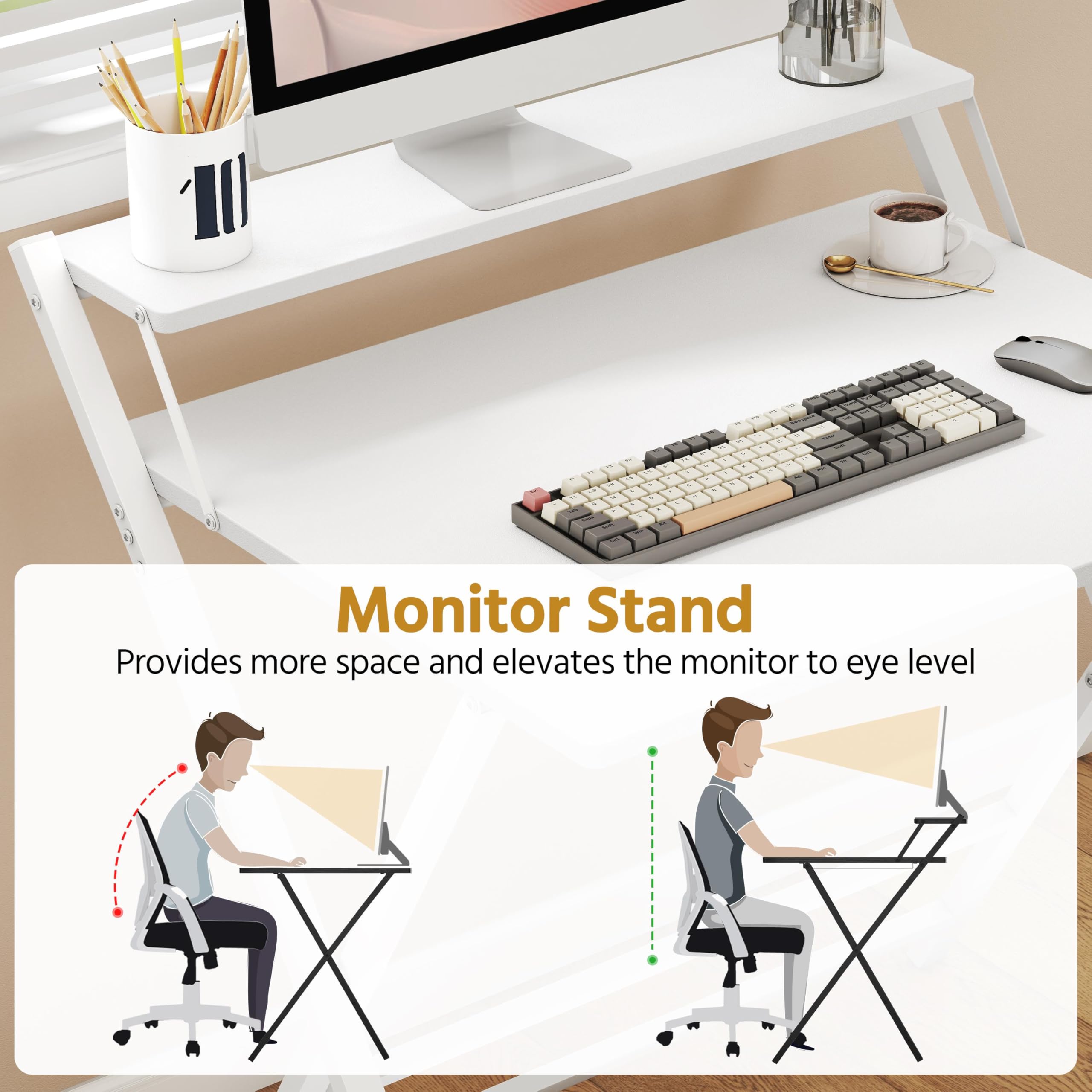 Yaheetech Biurko składane, 80 cm, stolik pod komputer z półką, 2-stopniowy stół roboczy ze stojakiem na monitor, stolik do laptopa do domowego biura/małych pomieszczeń/salonu, białe/80 cm dł. x 50 cm