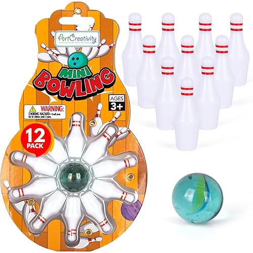 ArtCreativity Mini Bowling Game, Set of 12, Each Set Includes 10 Miniature Pins and 1 Marble Bowling Ball, Tabletop Bowling Sets Mini Games for Kids and Adults