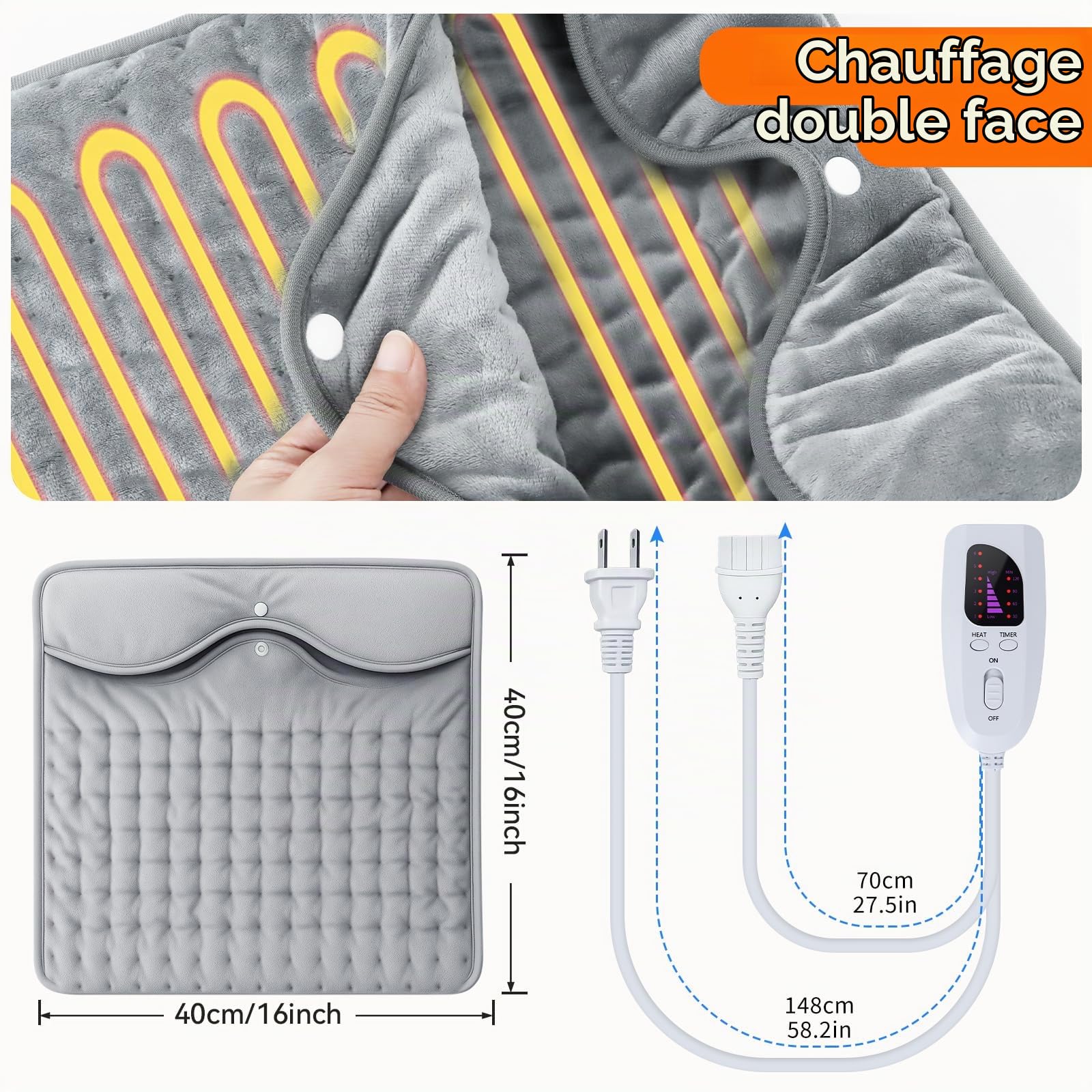 Qoosea Chausson Chauffant Électrique à Fermeture Éclair 6 Niveaux, Minuterie, Sécurité - Lavable en Machine Pour Bureau, Maison, Pieds Froids & Arthrite