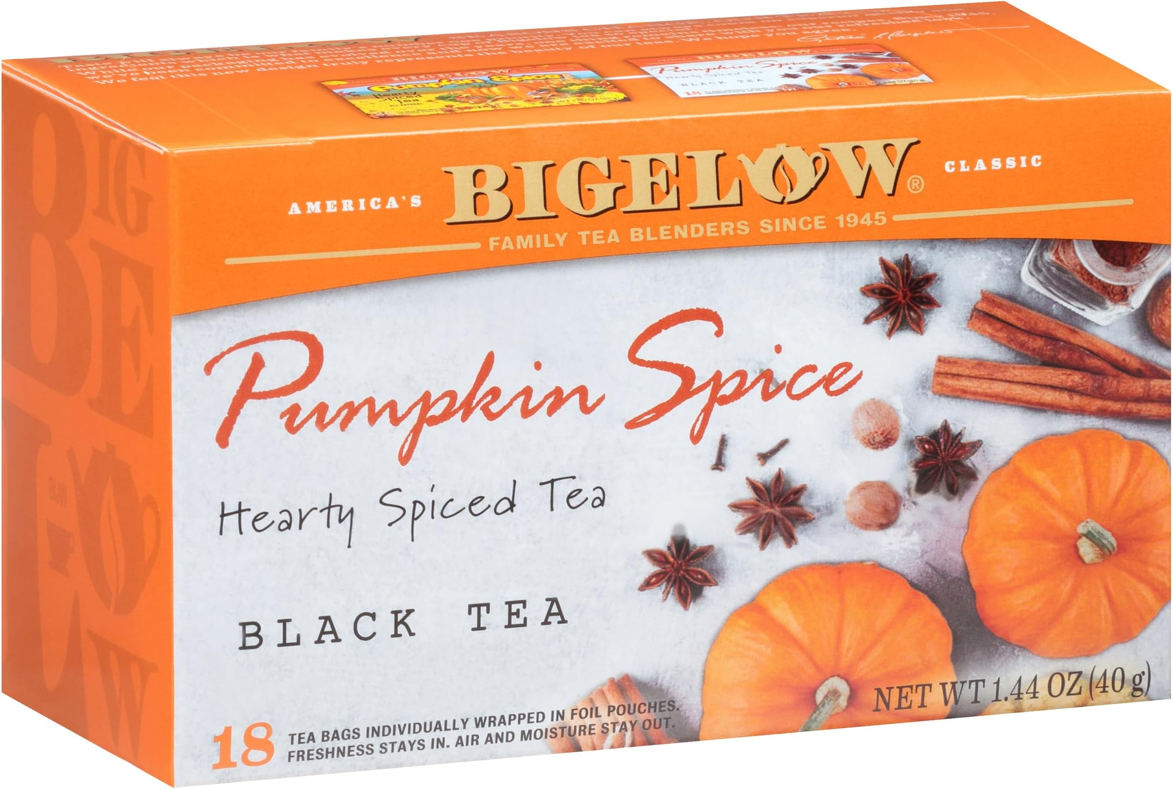 Bigelow Tea Pumpkin Spice Black Tea, Caffeinated Tea with Pumpkin Pie Flavor, Holiday and Christmas Tea, 18 Count Box (Pack of 6), 108 Tea Bags Total