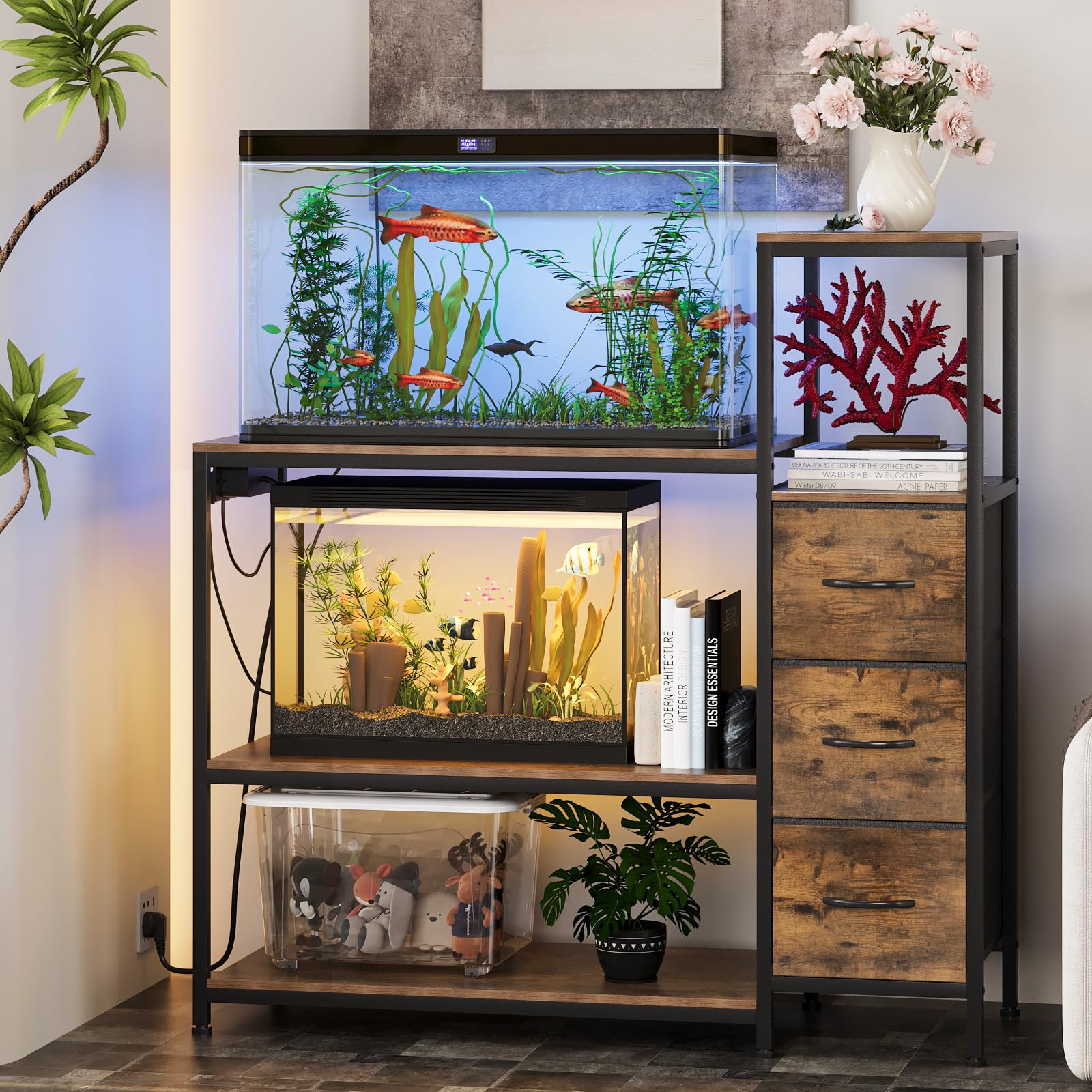 VEDECASA Soporte para acuario de 20 galones, armario inferior con enchufes de red, estantería para acuarios con 3 cajones, mesa de acuario de 3 niveles para acuarios, reptiles y terrarios (marrón)