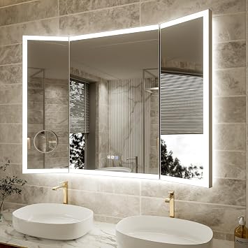 48x36 Wall-Mount Lighting Trifold Bathroom Mirror with Removable Magnifier
