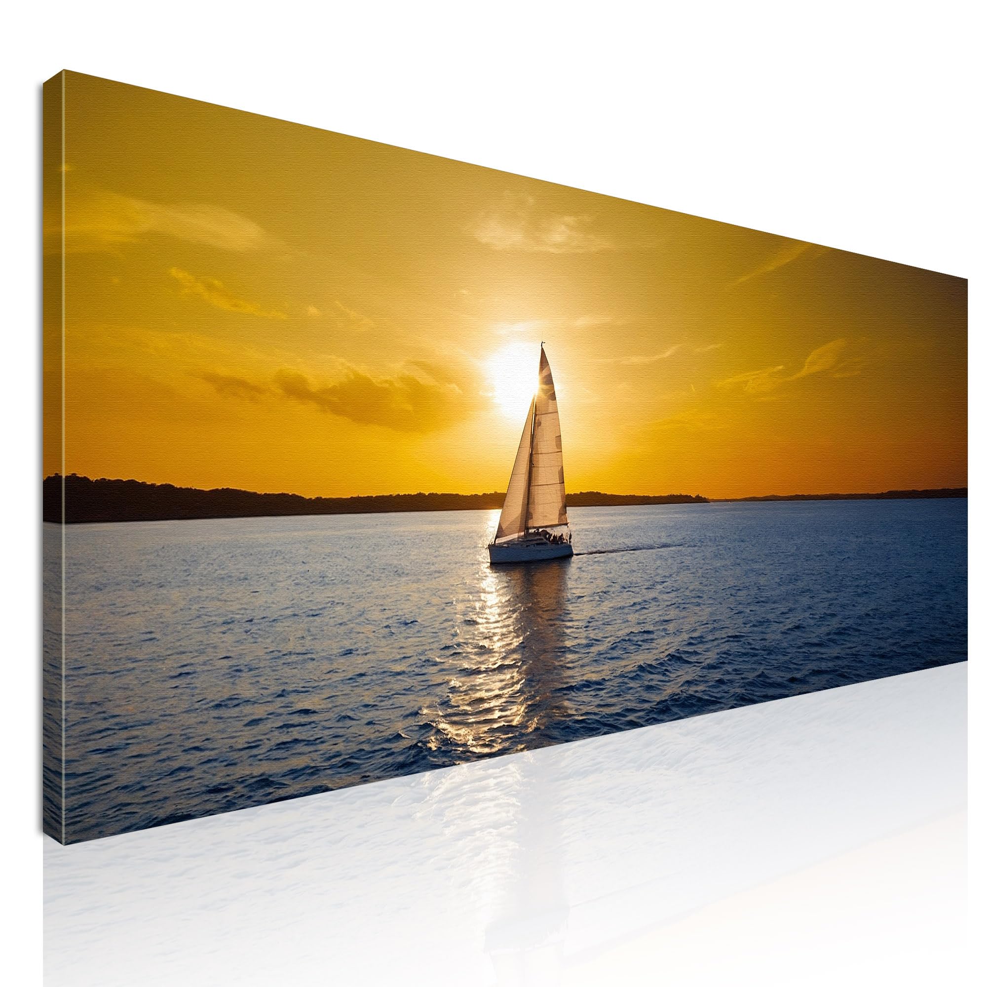 CheQuadro! Quadro mare colorato per soggiorno, decorazione parete, quadro grande Tramonto Dorato con Barca a Vela in Mare stampa su tela, intelaiato pronto da appendere seal39-150x60 cm