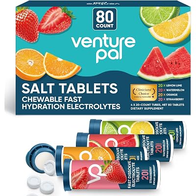 Venture Pal Chewable Electrolyte Tablets, 80 Count Fast-Dissolve Sugar-Free Stick Salt Tablets,Gluten Free – Variety Pack for Rapid Hydration, Outdoor Running, Hiking | Keto & Vegan Friendly | 4 Pack
