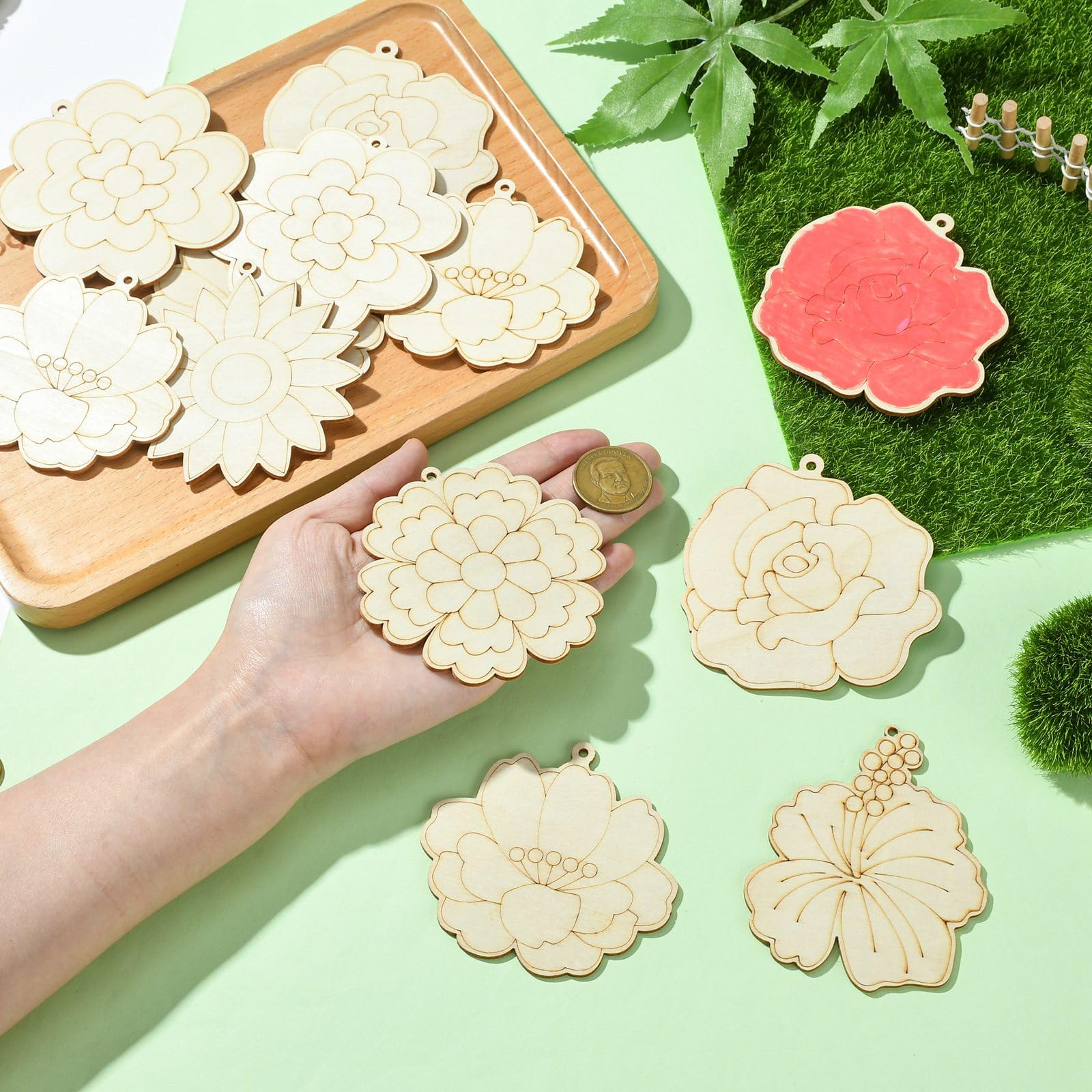 UR URLIFEHALL 32 Pcs Wooden Flower Cutouts Unfinished Wooden Floral Embellishments for Crafts DIY Projects Door Hangers Signs Home Party Decor - Image 4