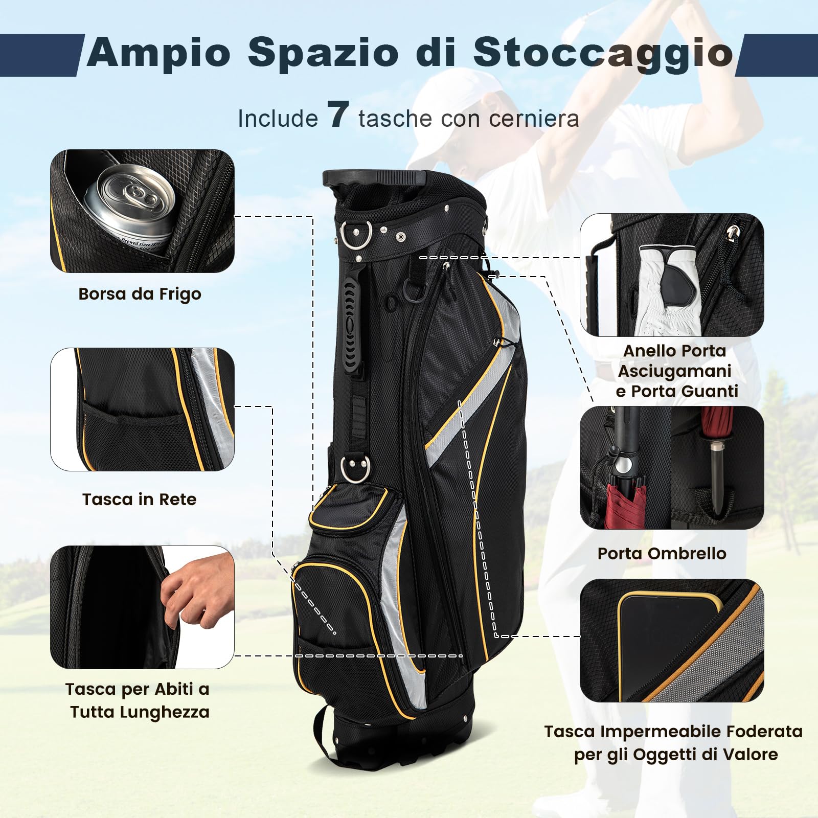 COSTWAY Borsa da Golf a 8 Vie, Borsa da Golf Portatile Leggera da 2 kg con Separatori Superiori, 7 Tasche, Borsa Frigo e Cappuccio Antipio