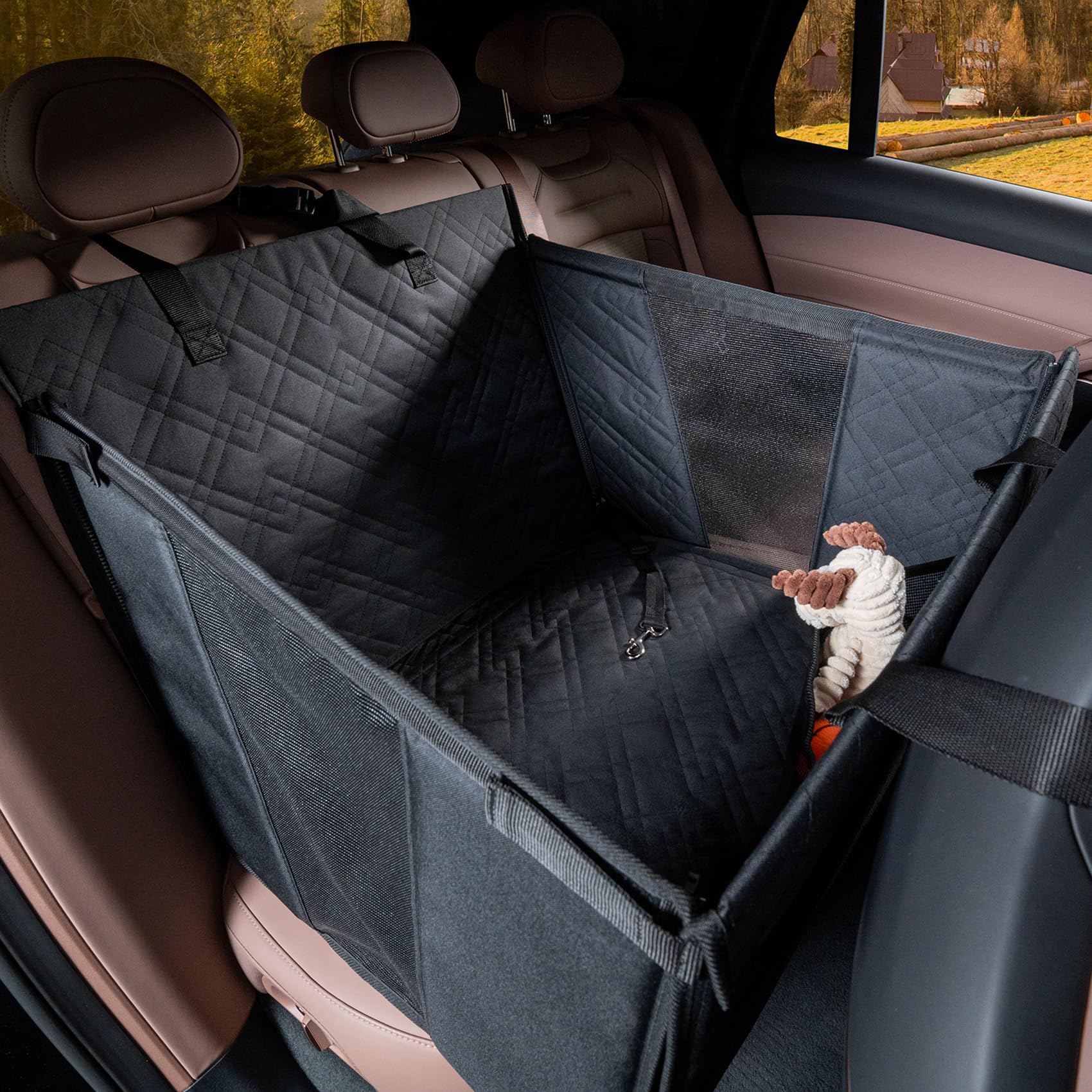 Car Seat for Large Medium Dogs, Back Seat Extender for Pets, Waterproof Nonslip Dog Carseat, Hammock Pet Carrier with Hard Sides and Bottom Great for Active Dogs Fit for Cars SUVs Trucks