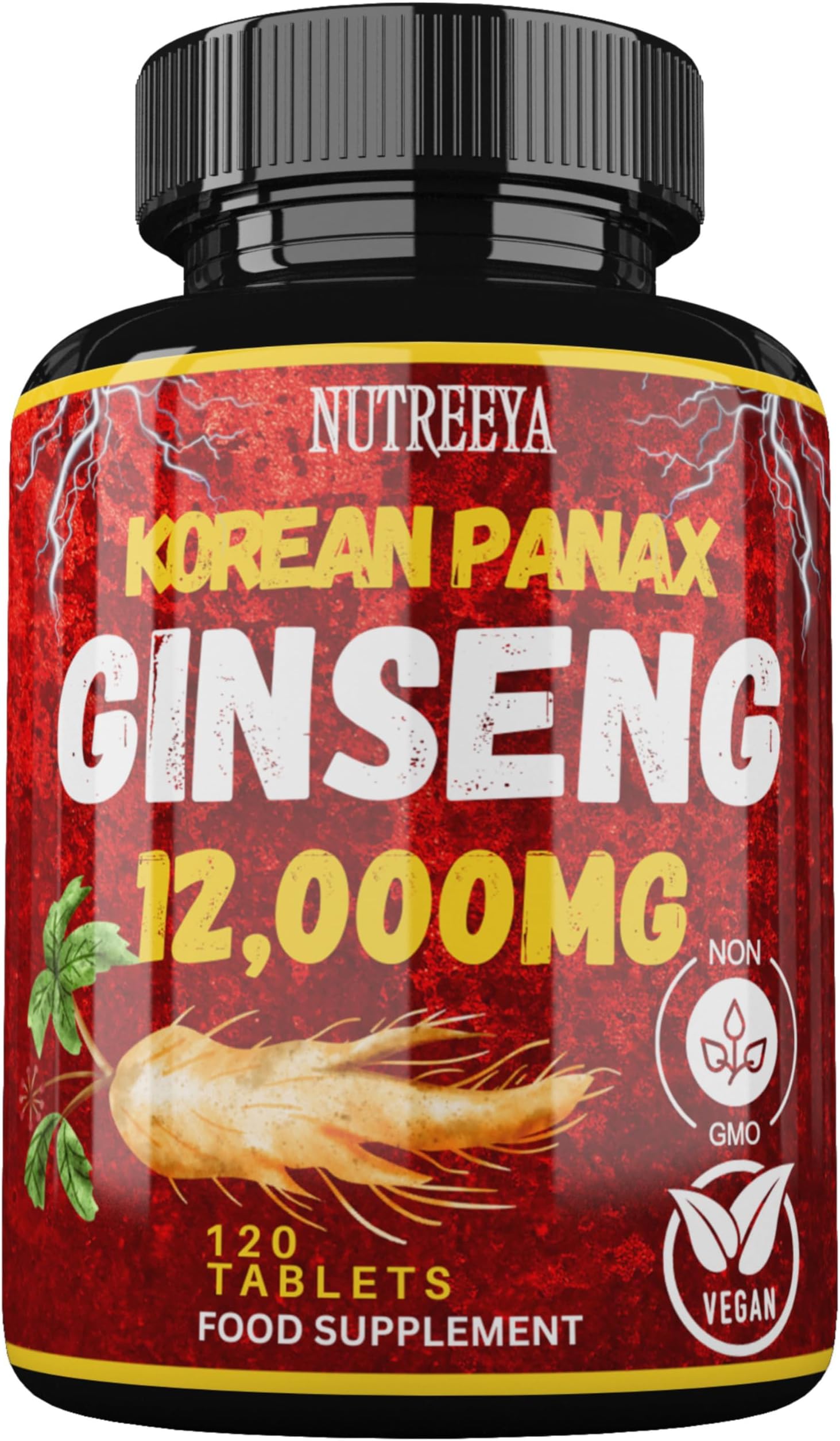 Korean Panax Ginseng Extract, 12,000mg Strength, 120 Vegan Tablets, Standardized and Concentrated 50X Root Extract Ginseng Supplement Non-GMO